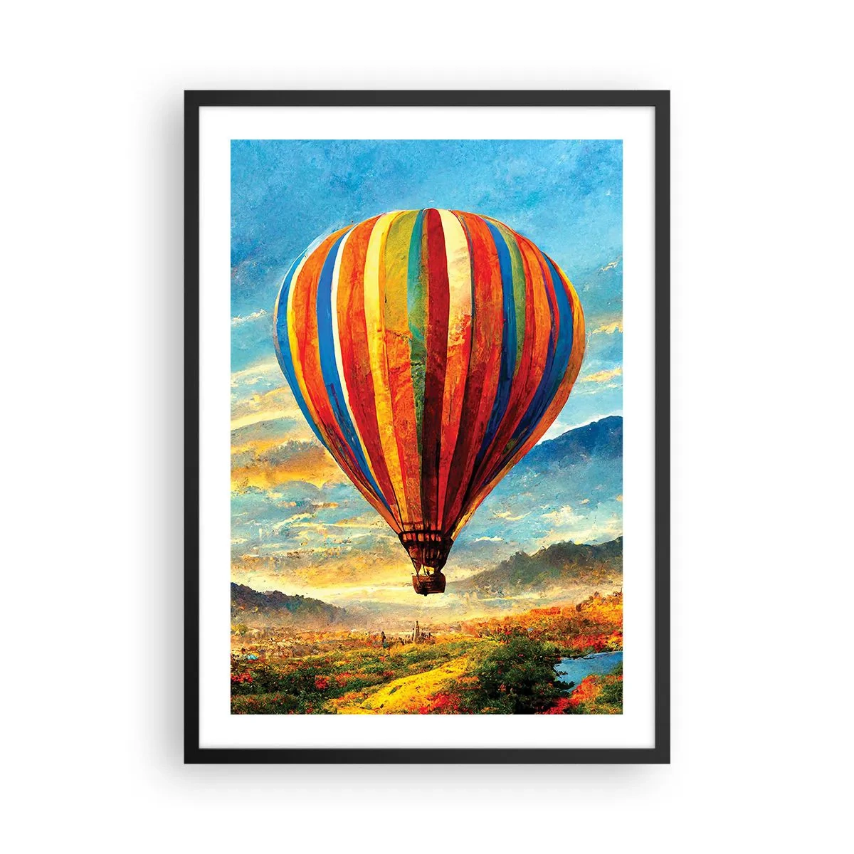 Poszter fehér keretben - Egy színes léggömb egy festői táj felett - 50x70cm - A csendben többet látsz - Modern fali dekoráció nappalihoz és hálószobához ARTTOR