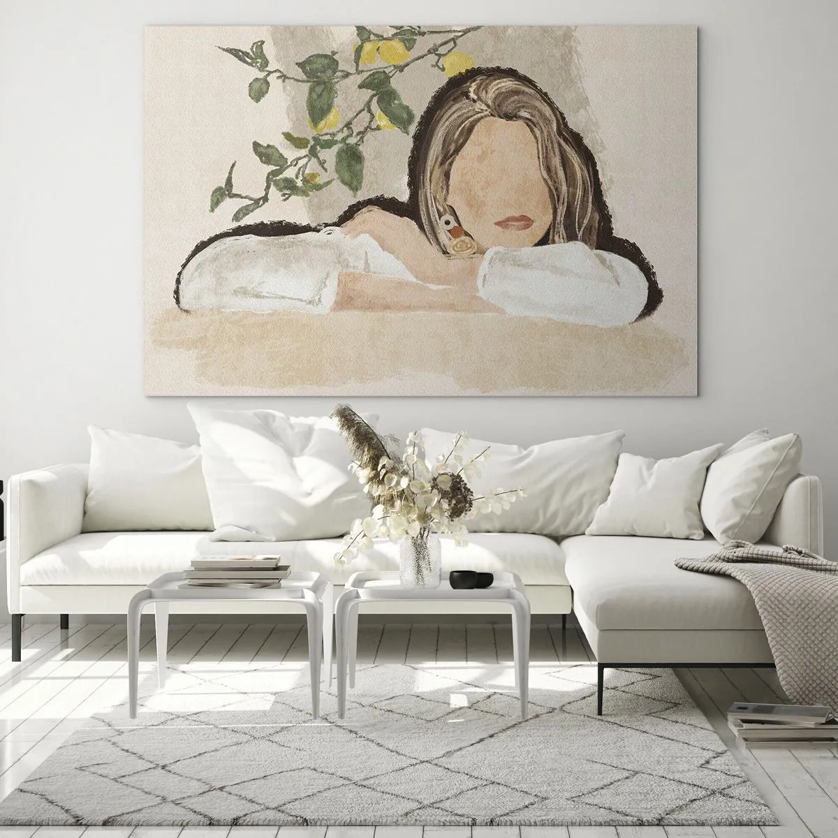 Üveg kép - Egy nő egy asztalnak támaszkodik egy citromfa ágai között, arca kifejezéstelen. - 70x50cm - Déli szépség - Modern fali dekoráció nappalihoz és hálószobához ARTTOR
