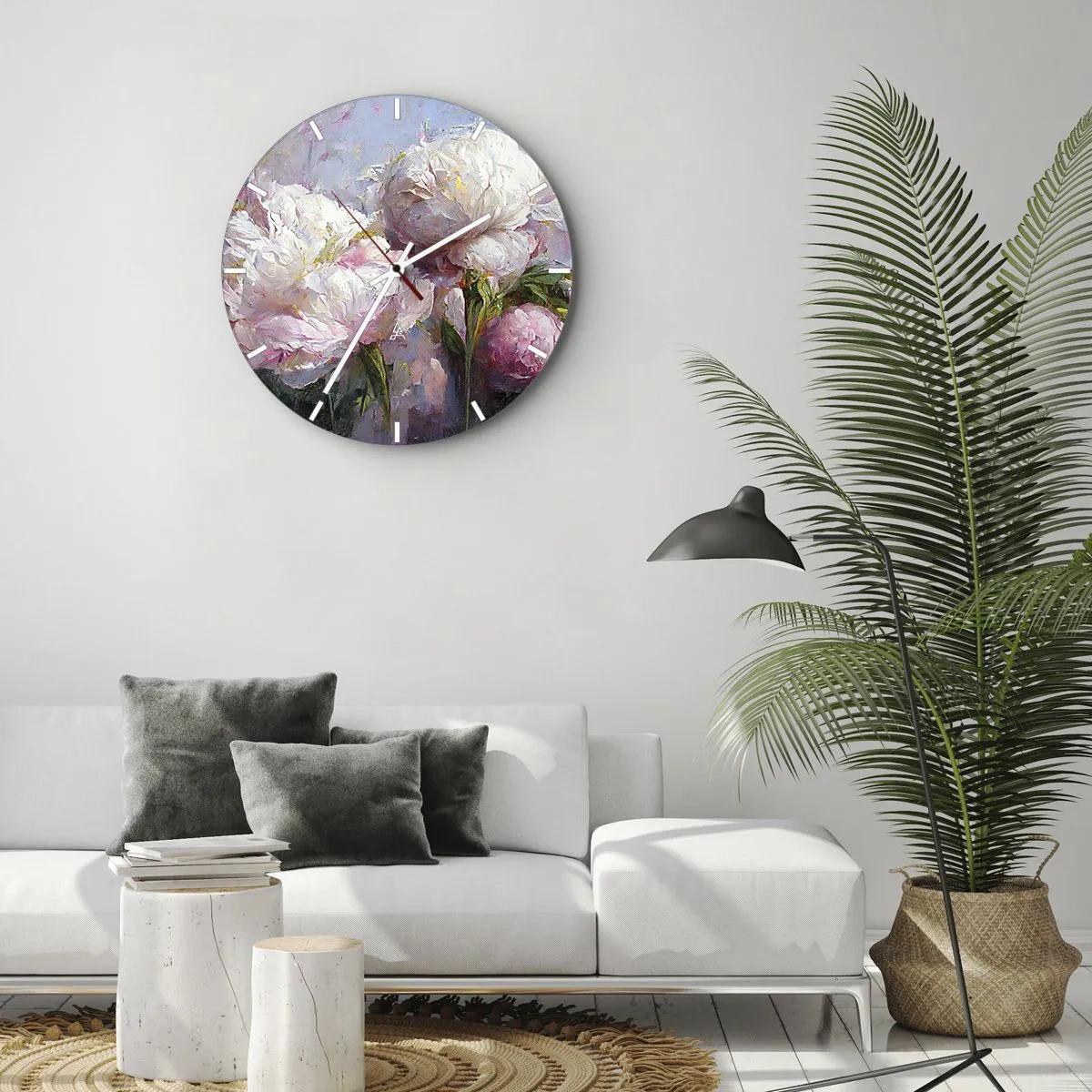 Falióra, Óra - Egy csokor fehér és rózsaszín virágokból kék alapon - 30x30cm - Egy csokor, mely csordultig van élettel - Modern fali dekoráció nappalihoz, konyhához és hálószobához ARTTOR