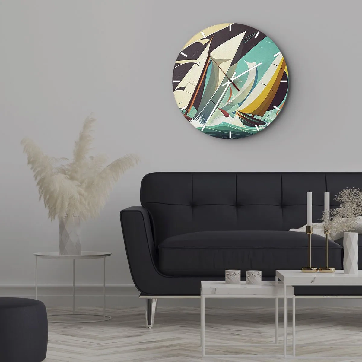 Falióra, Óra - Grafikus stílusú vitorlások viharos türkizkék tengeren - 30x30cm - Közelről és személyesen az elemekkel - Modern fali dekoráció nappalihoz, konyhához és hálószobához ARTTOR