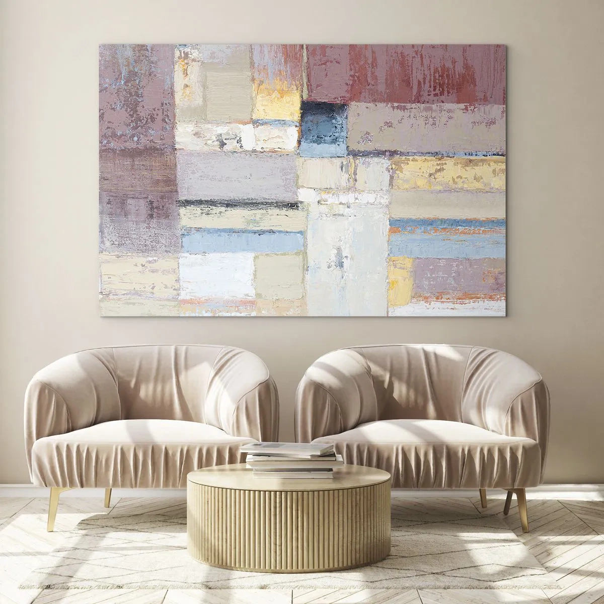 Üveg kép - Absztrakt geometrikus kompozíció pasztell színekben - 70x50cm - A geometria nyugalma - Modern fali dekoráció nappalihoz és hálószobához ARTTOR