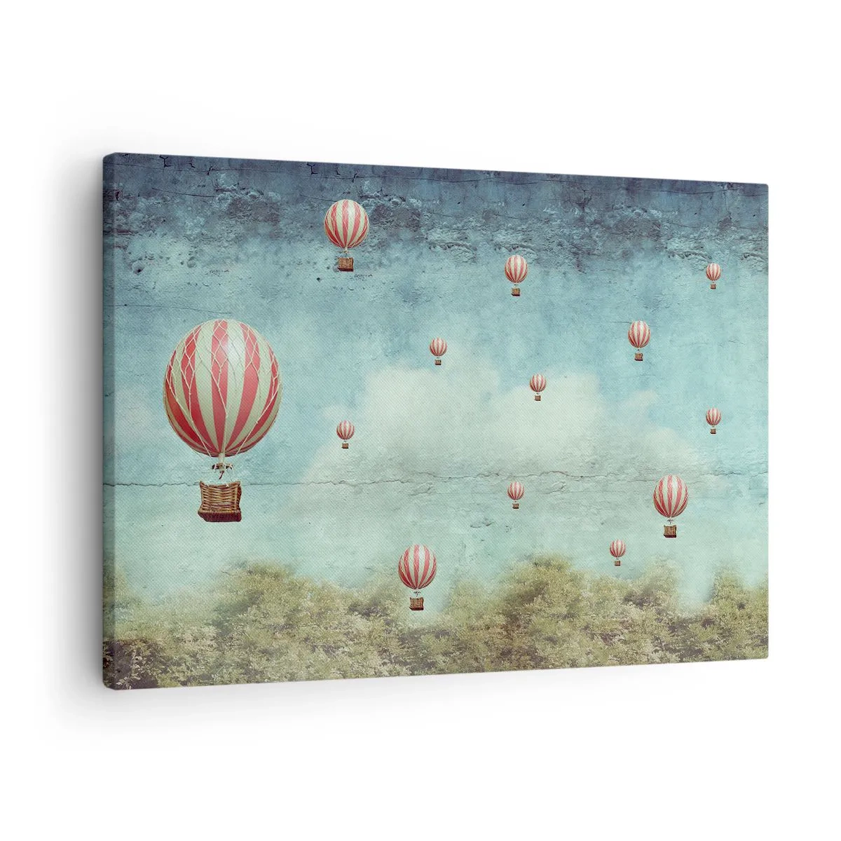 Vászonkép - Retro lufik kék ég és zöld háttér előtt - 70x50cm - Szabad az élet nyüzsgésétől - Modern fali dekoráció nappalihoz és hálószobához ARTTOR
