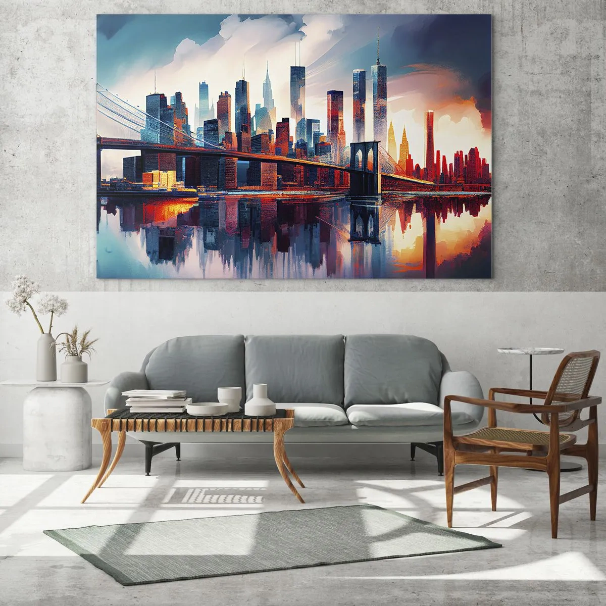 Üveg kép - Panoráma a városra egy híddal a színes égbolt és a víz tükröződése ellen - 70x50cm - Fenomenális New York - Modern fali dekoráció nappalihoz és hálószobához ARTTOR