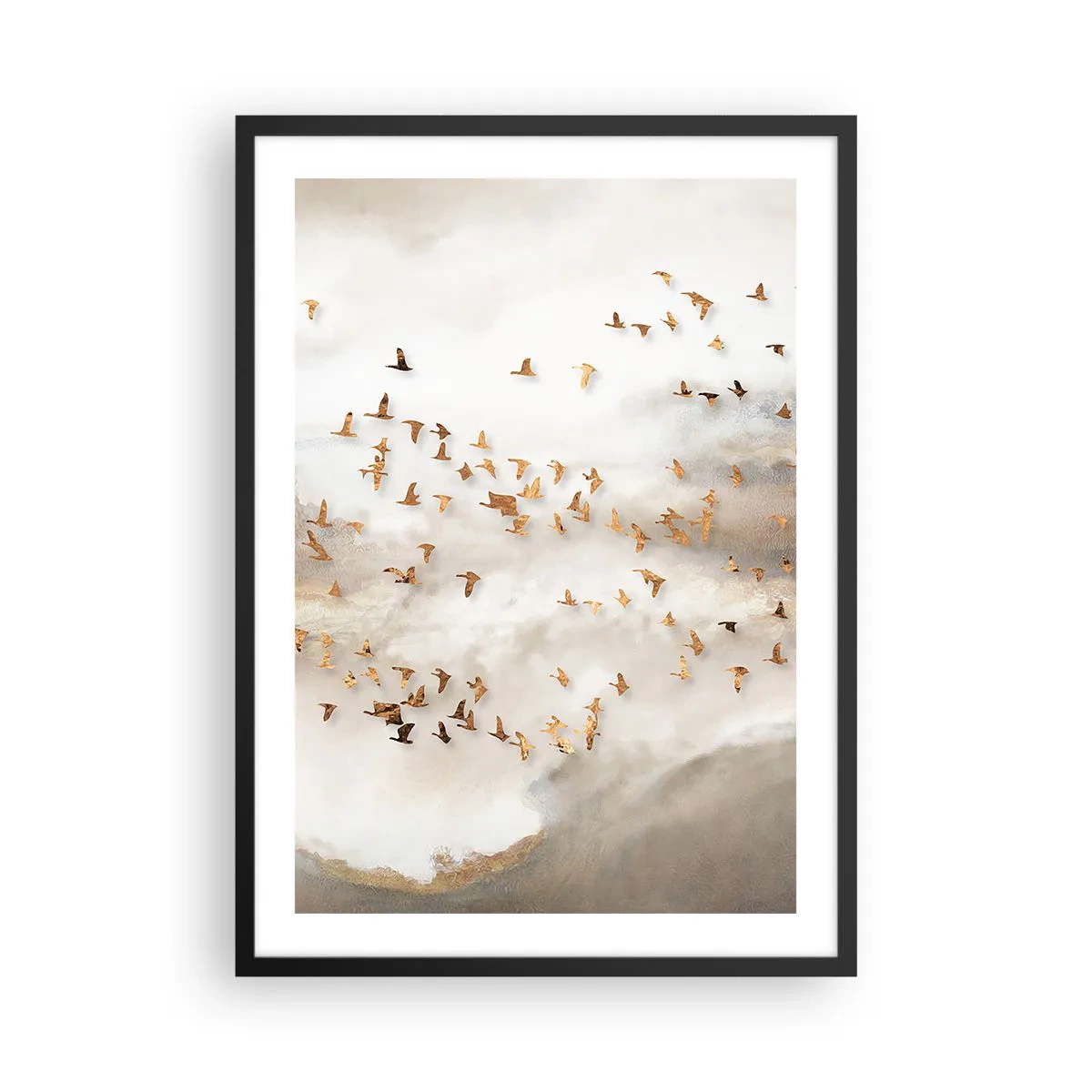 Poszter fehér keretben - Egy madárraj úszik a ködös felhők között - 50x70cm - Itt az idő... - Modern fali dekoráció nappalihoz és hálószobához ARTTOR