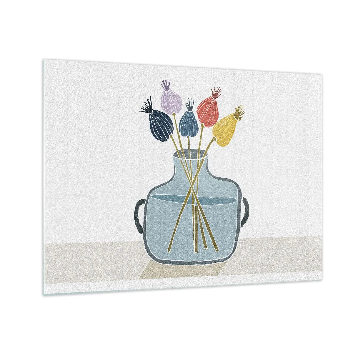 Üveg kép - Dekoratív mákfejek grafikus stílusú kancsóban - 70x50cm - Mint egy mákszem - Modern fali dekoráció nappalihoz és hálószobához ARTTOR