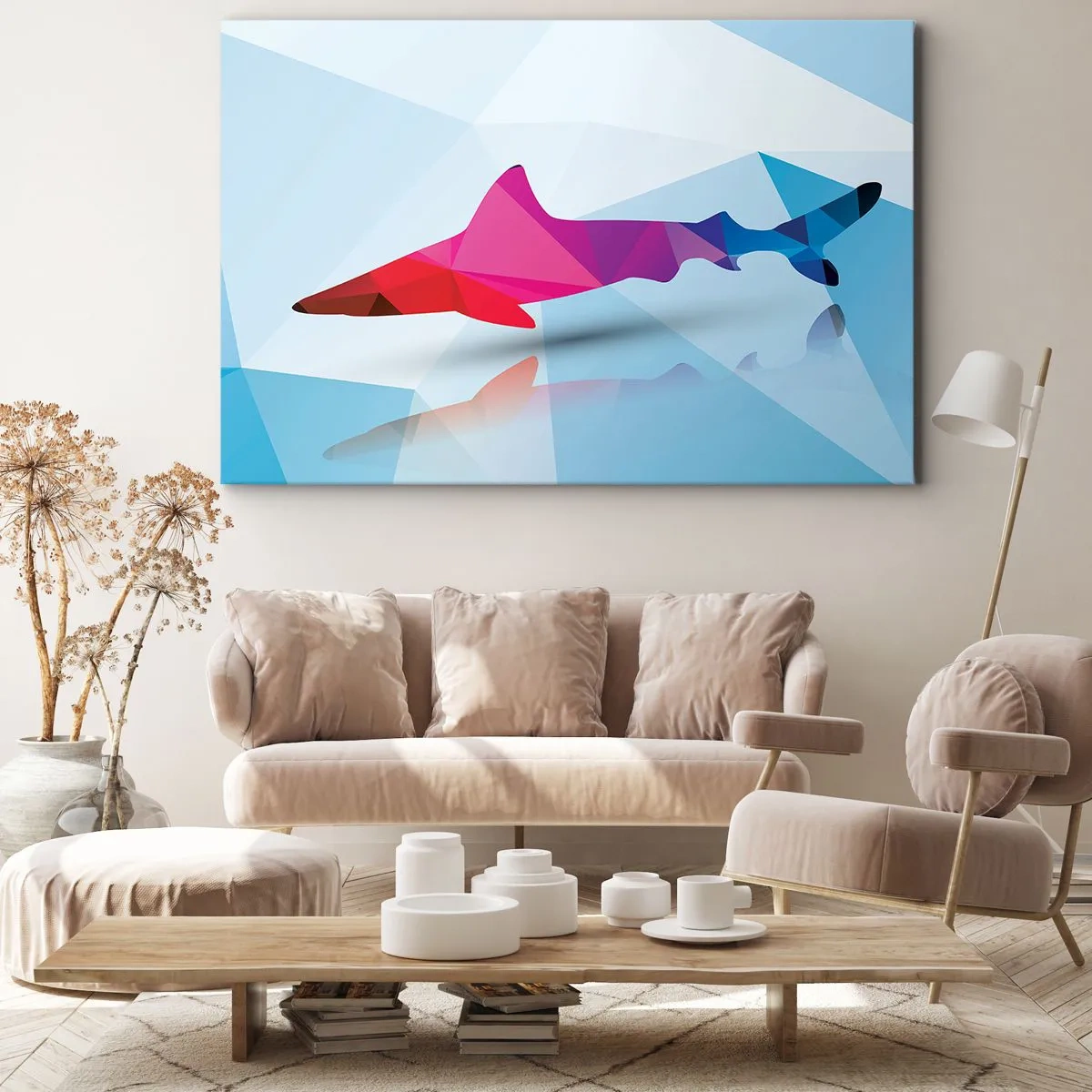 Vászonkép - Geometrikus cápa sziluett rózsaszín és kék árnyalatokban - 70x50cm - Cápa a kristály térben - Modern fali dekoráció nappalihoz és hálószobához ARTTOR