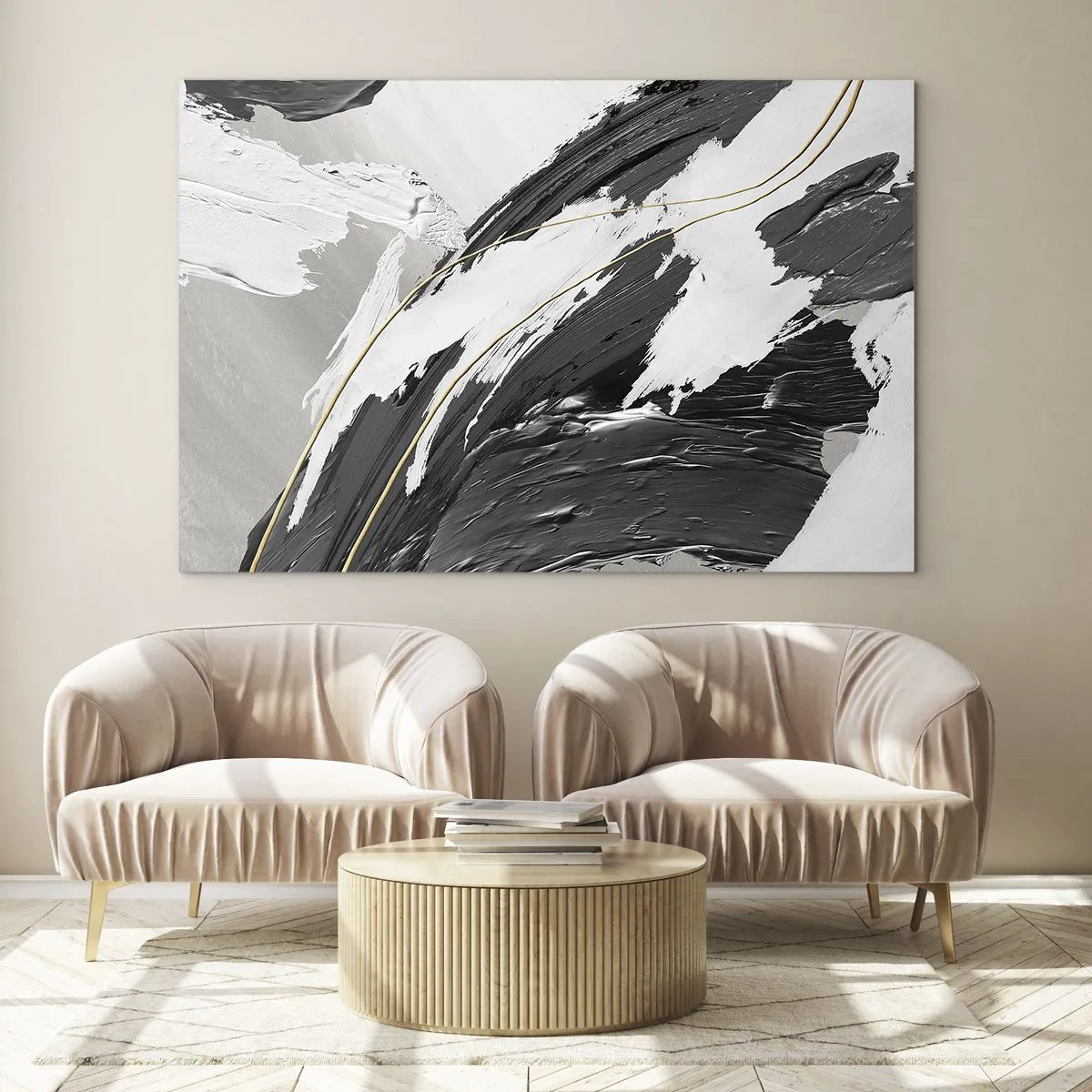 Üveg kép - Dinamikus fekete-fehér ecsetvonások arany díszítéssel - 70x50cm - Absztrakció érzékkel - Modern fali dekoráció nappalihoz és hálószobához ARTTOR