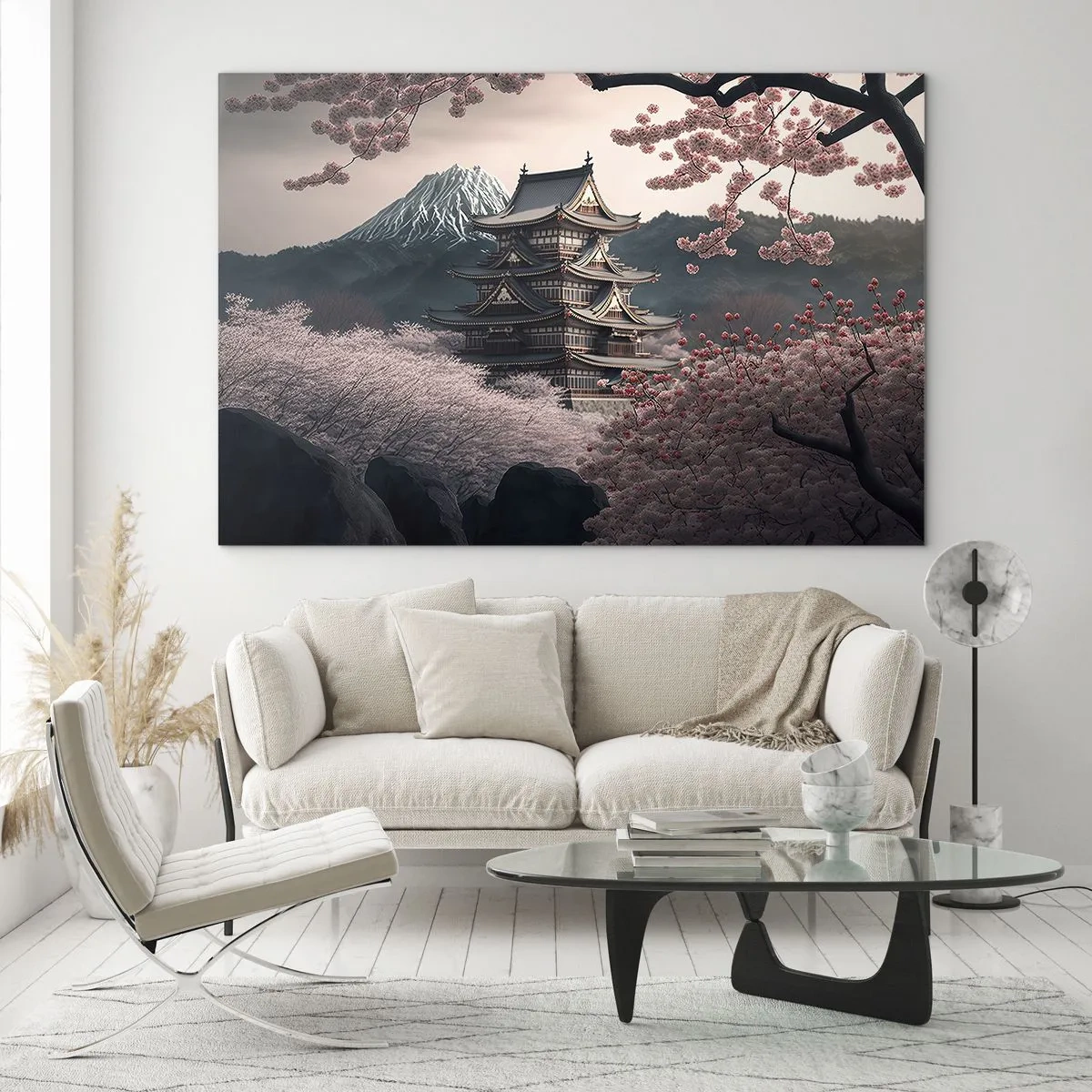 Üveg kép - Egy hagyományos japán pagoda cseresznyevirágzás és hegyek között - 70x50cm - A cseresznyevirágzás országa - Modern fali dekoráció nappalihoz és hálószobához ARTTOR
