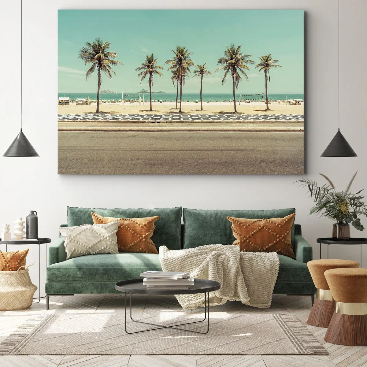 Vászonkép - Pálmafák a tengerparton, kilátással a tengerre és a kék égre - 70x50cm - A tengerparton - Modern fali dekoráció nappalihoz és hálószobához ARTTOR
