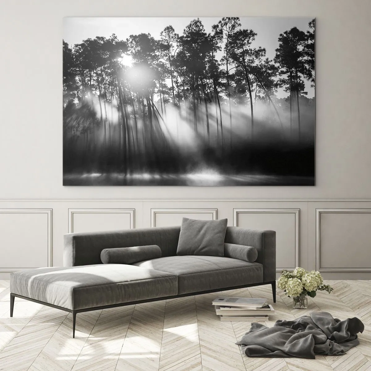 Üveg kép - Fekete-fehér fák egy erdőben, napsugarakkal a párában - 70x50cm - Megállíthatatlan nap - Modern fali dekoráció nappalihoz és hálószobához ARTTOR
