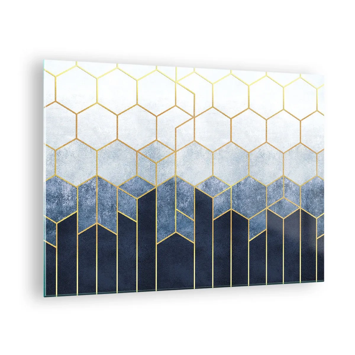 Üveg kép - Geometrikus minta arany és sötétkék színekben - 70x50cm - Kompozíció szinkópa ritmusban - Modern fali dekoráció nappalihoz és hálószobához ARTTOR