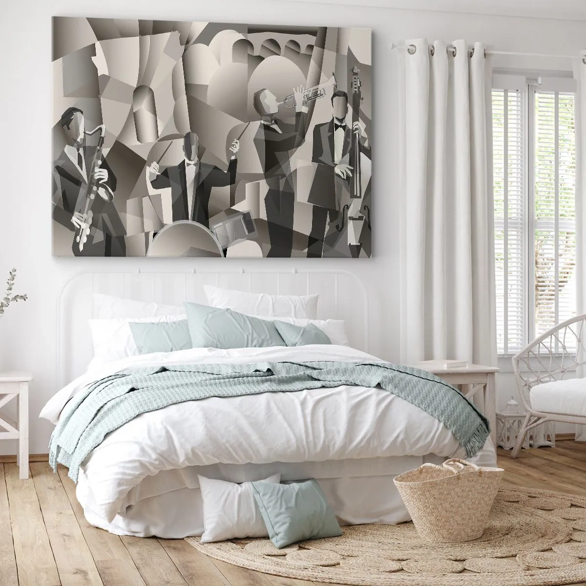 Vászonkép - Absztrakt jelenet jazz zenészekkel szürke árnyalatokban. - 70x50cm - A hangok terében - Modern fali dekoráció nappalihoz és hálószobához ARTTOR
