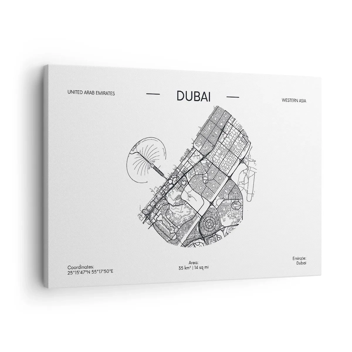 Vászonkép - Minimalista fekete-fehér térkép Dubairól helyszínjelölésekkel. - 70x50cm - Dubai anatómiája - Modern fali dekoráció nappalihoz és hálószobához ARTTOR