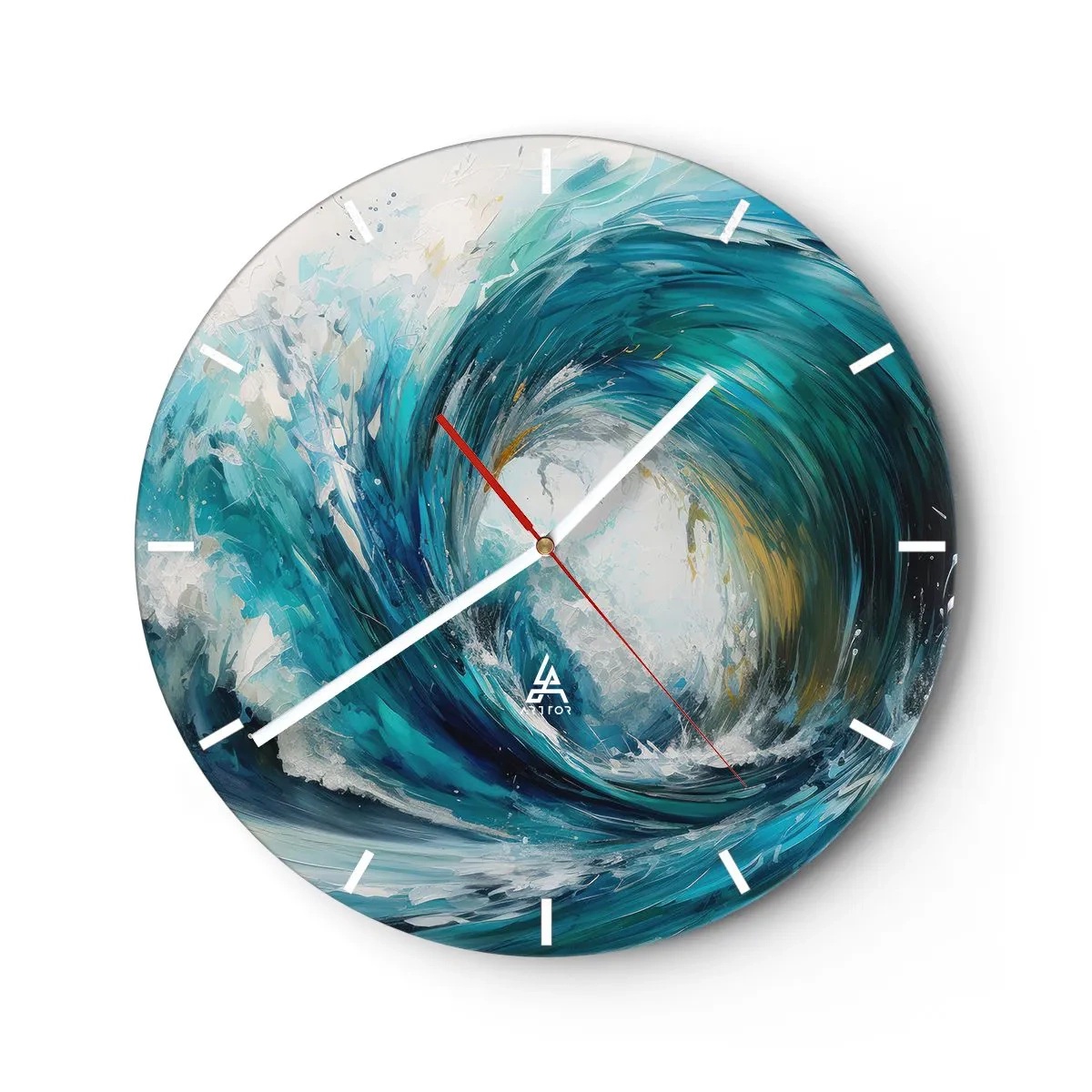 Falióra, Óra - Dinamikus, türkiz színekben örvénylő tengerhullám - 30x30cm - Tengeri portál - Modern fali dekoráció nappalihoz, konyhához és hálószobához ARTTOR