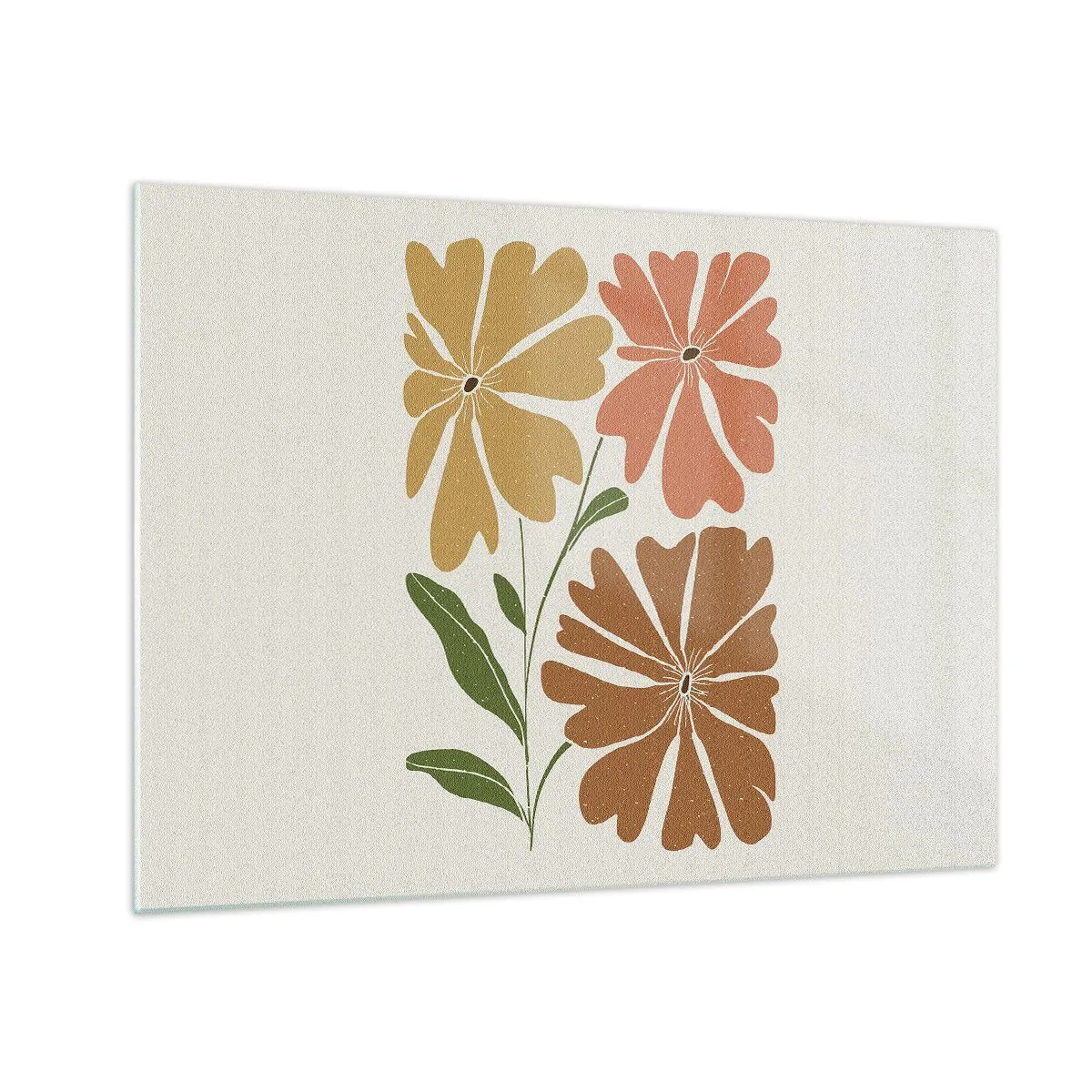 Üveg kép - Három stilizált virág meleg színekben, világos háttér előtt - 70x50cm - Természet és geometria - Modern fali dekoráció nappalihoz és hálószobához ARTTOR