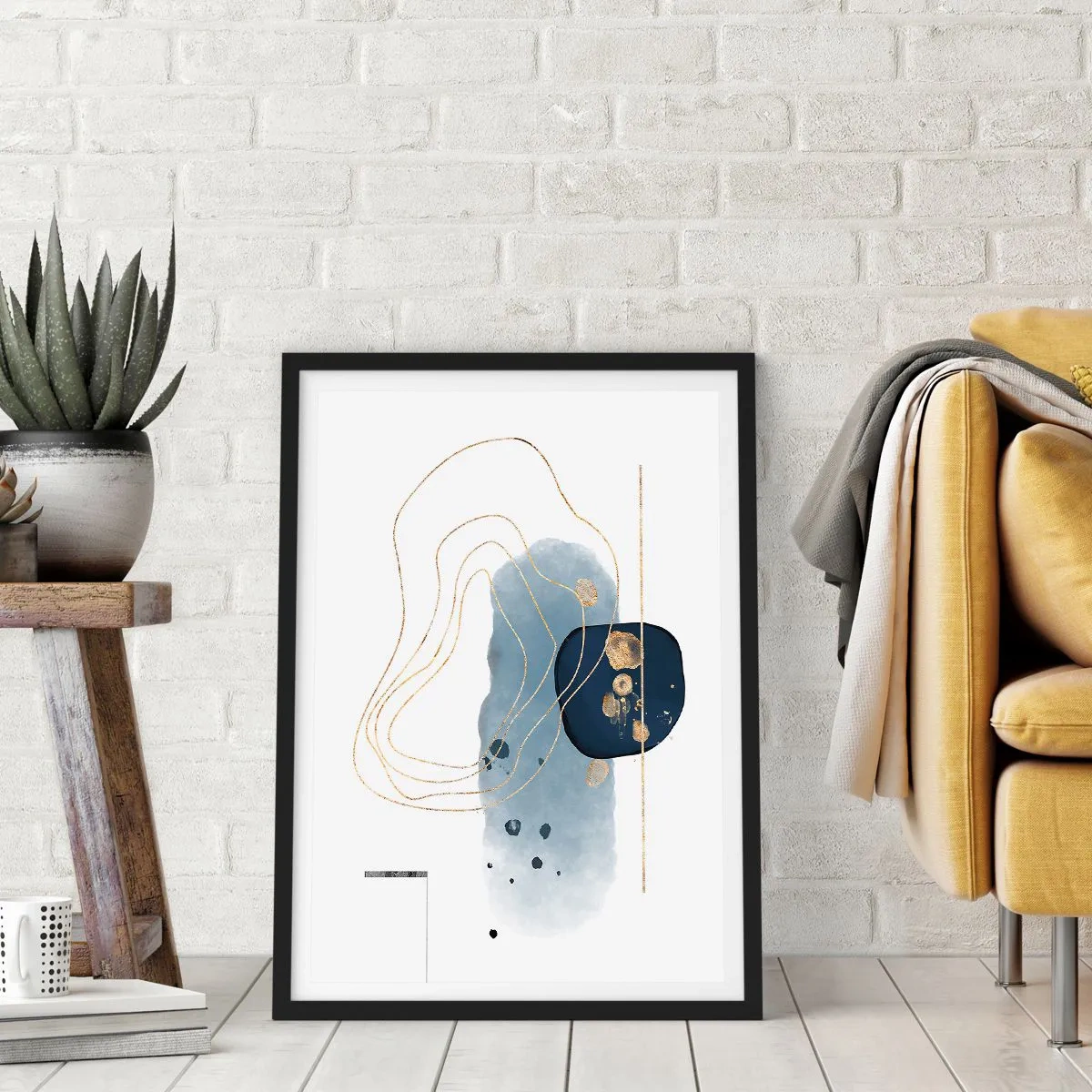Poszter fehér keretben - Modern absztrakt kompozíció kék és arany árnyalatokban. - 50x70cm - Kékes-arany fantázia - Modern fali dekoráció nappalihoz és hálószobához ARTTOR