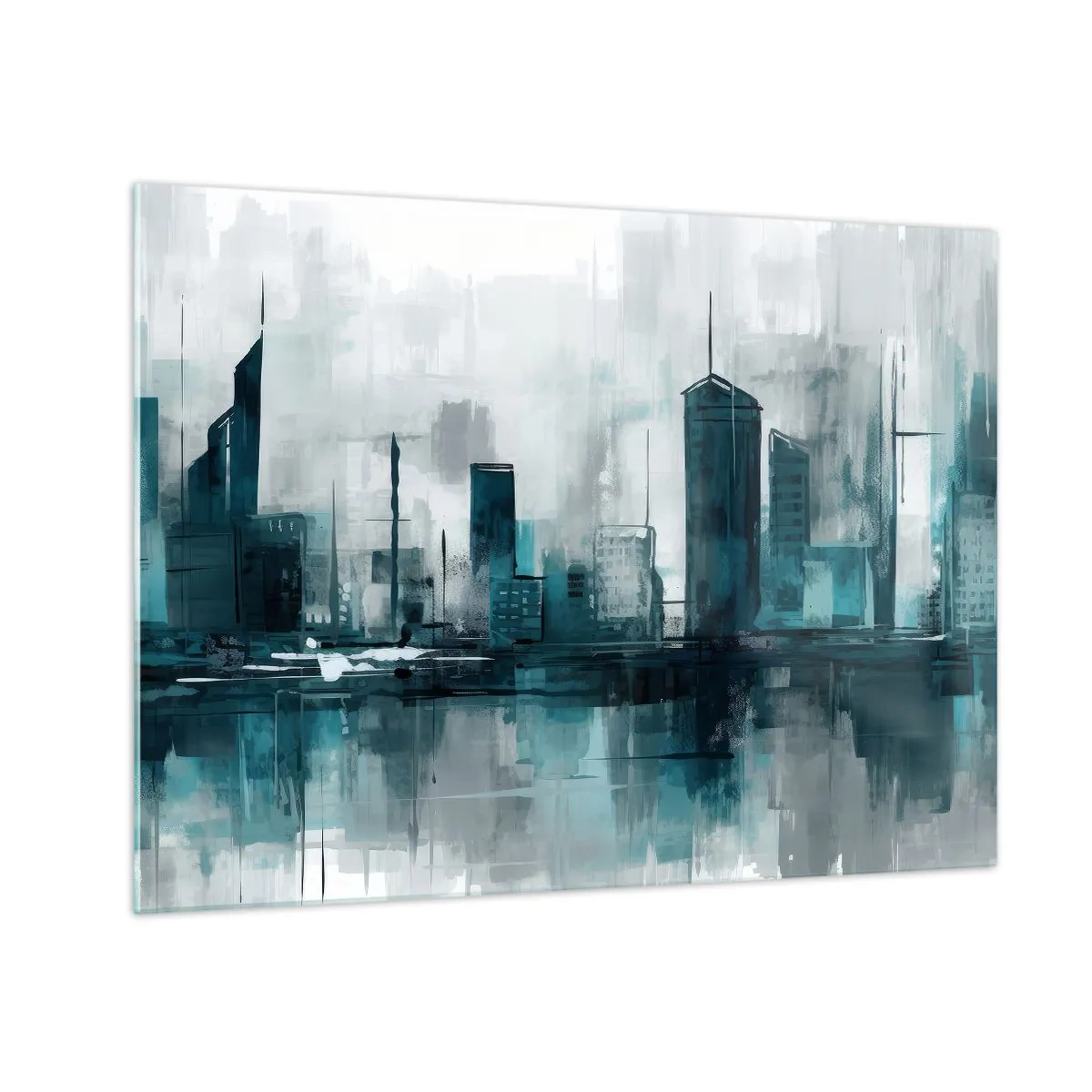 Üveg kép - Egy modern város kék és szürke árnyalatokban - 70x50cm - Esőszínű város - Modern fali dekoráció nappalihoz és hálószobához ARTTOR