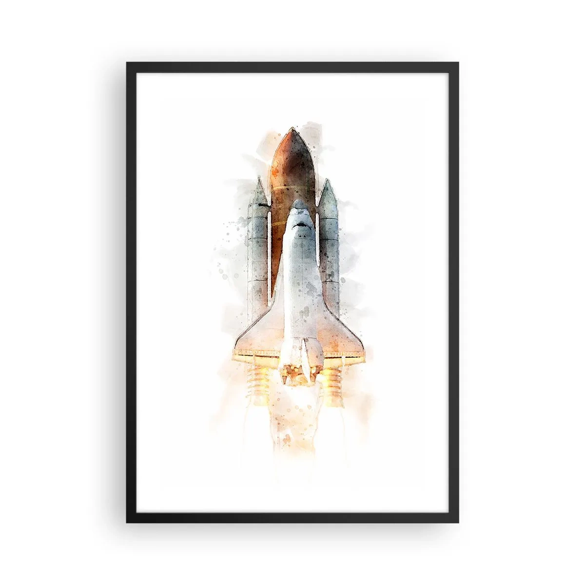 Poszter fehér keretben - Akvarell stílusú űrsikló felszállás - 50x70cm - Felfedezők az elején - Modern fali dekoráció nappalihoz és hálószobához ARTTOR