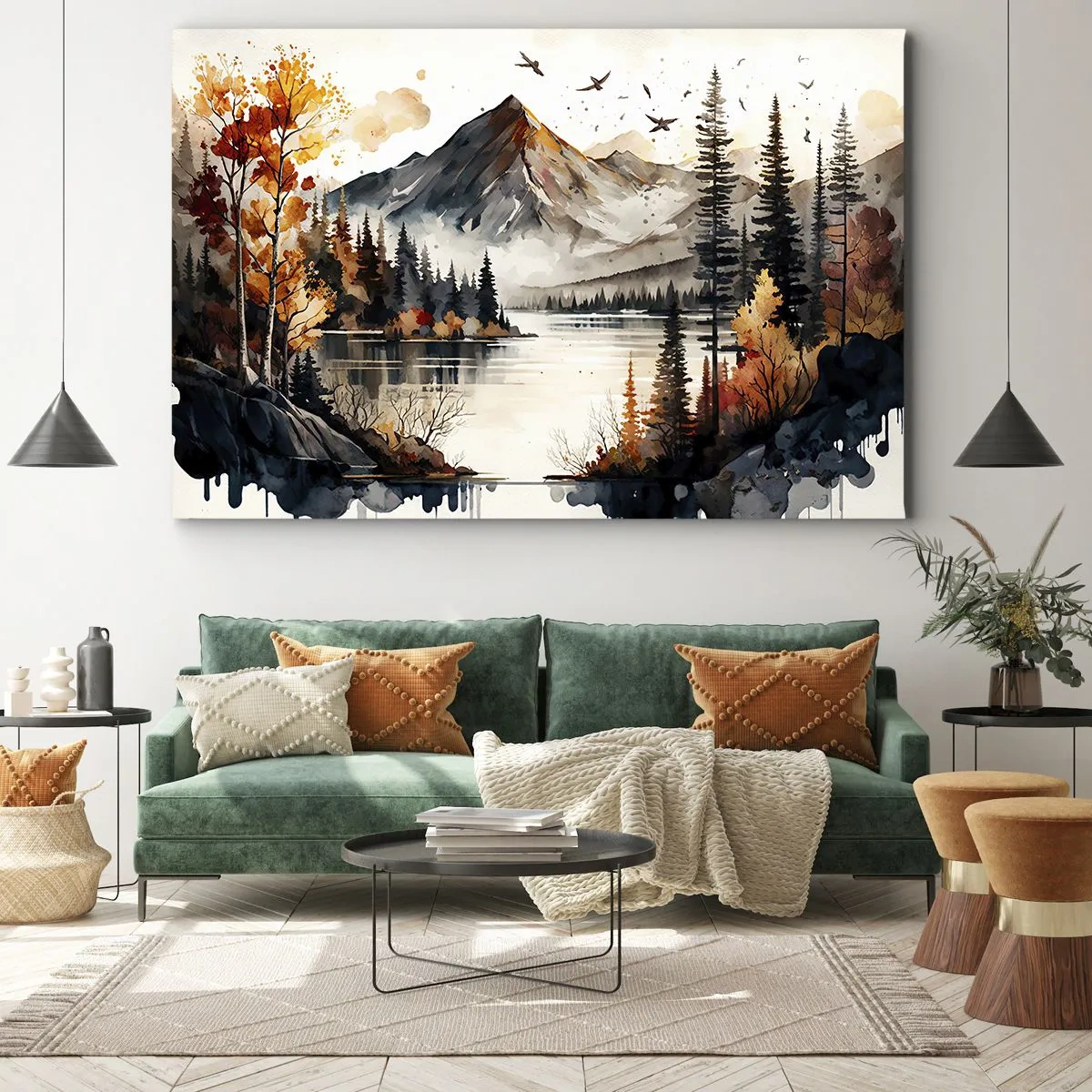 Vászonkép - Őszi hegyi táj tóval és fákkal akvarellben - 70x50cm - Aranyszínű ősz a hegyekben - Modern fali dekoráció nappalihoz és hálószobához ARTTOR
