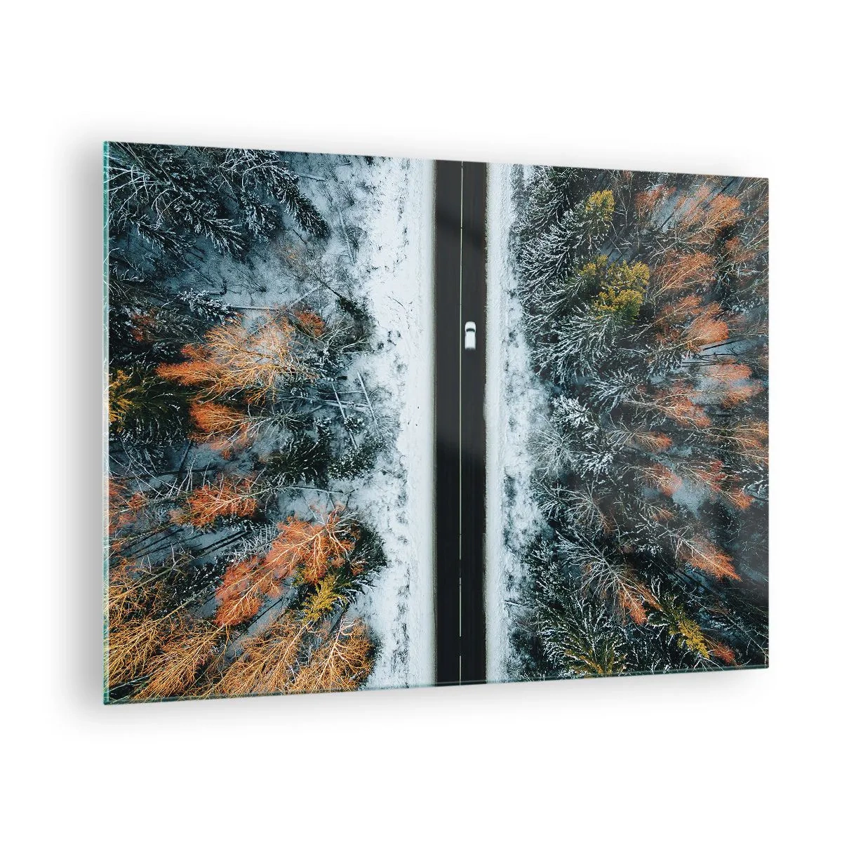 Üveg kép - Téli út egy hófödte erdőn keresztül, színes fákkal - 70x50cm - Átvágni a téli erdőn - Modern fali dekoráció nappalihoz és hálószobához ARTTOR