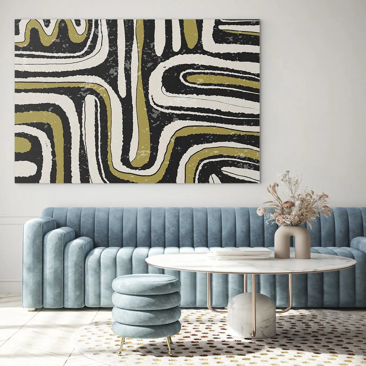 Üveg kép - Absztrakt minták fekete, fehér és arany színben - 70x50cm - Kompozíció: traktusok és sikátorok - Modern fali dekoráció nappalihoz és hálószobához ARTTOR