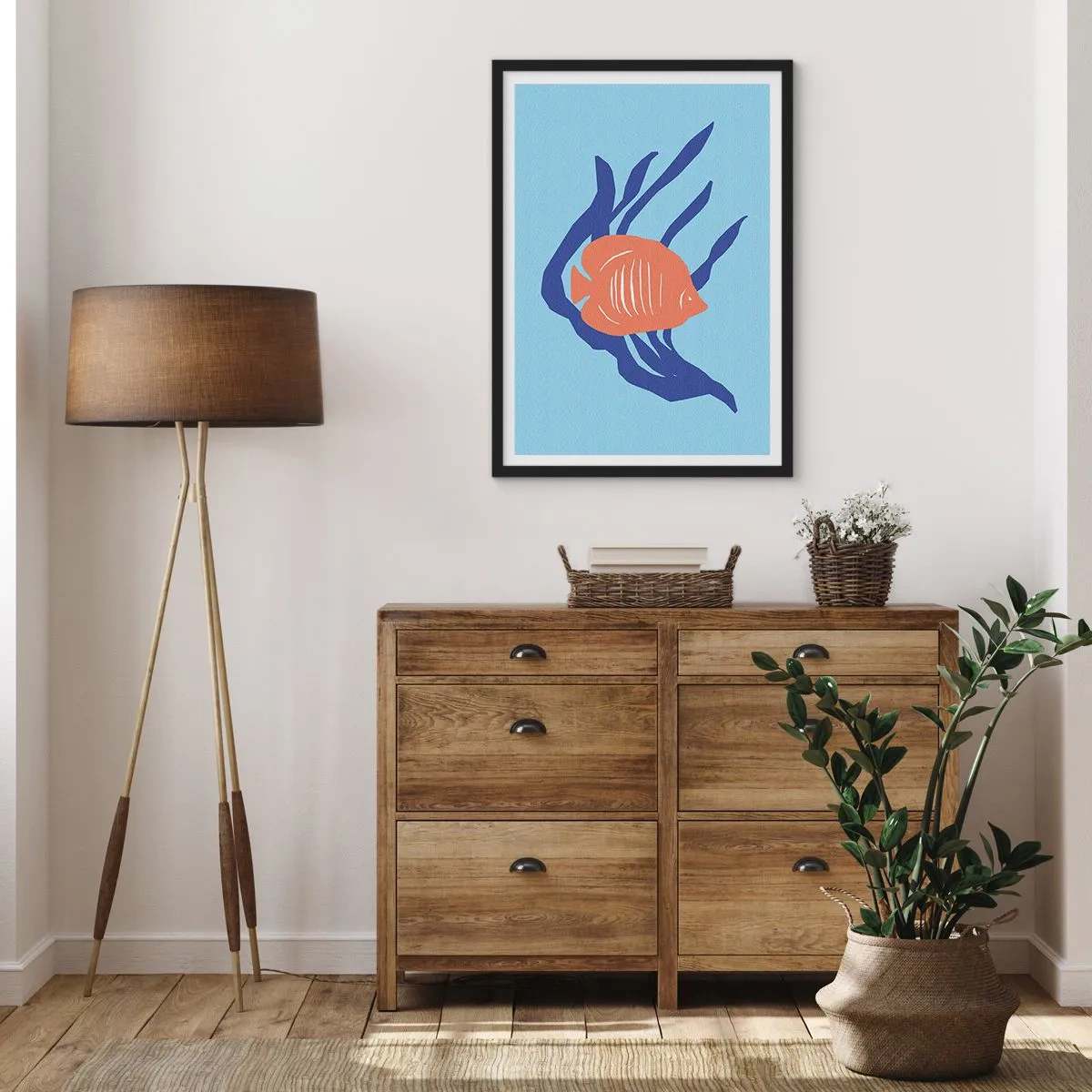 Poszter fehér keretben - Trópusi halak a tengeri növények között - 50x70cm - Korall vízlakó - Modern fali dekoráció nappalihoz és hálószobához ARTTOR