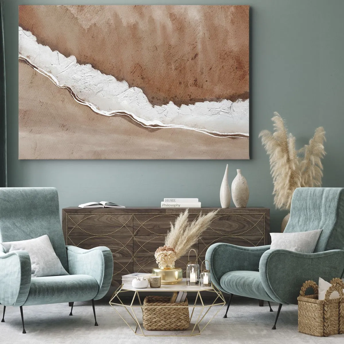 Vászonkép - Homok textúra fehér díszítéssel - 70x50cm - A föld színeiben - Modern fali dekoráció nappalihoz és hálószobához ARTTOR
