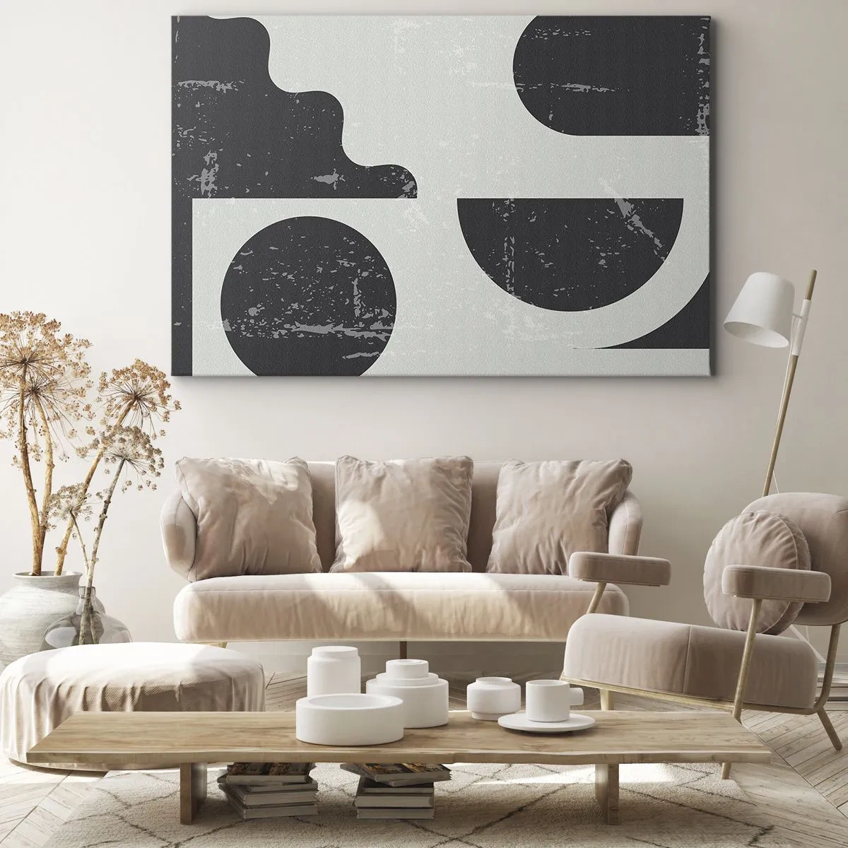 Vászonkép - Geometrikus minták fekete és szürke árnyalatokban - 70x50cm - Kompozíció fent és lent - Modern fali dekoráció nappalihoz és hálószobához ARTTOR