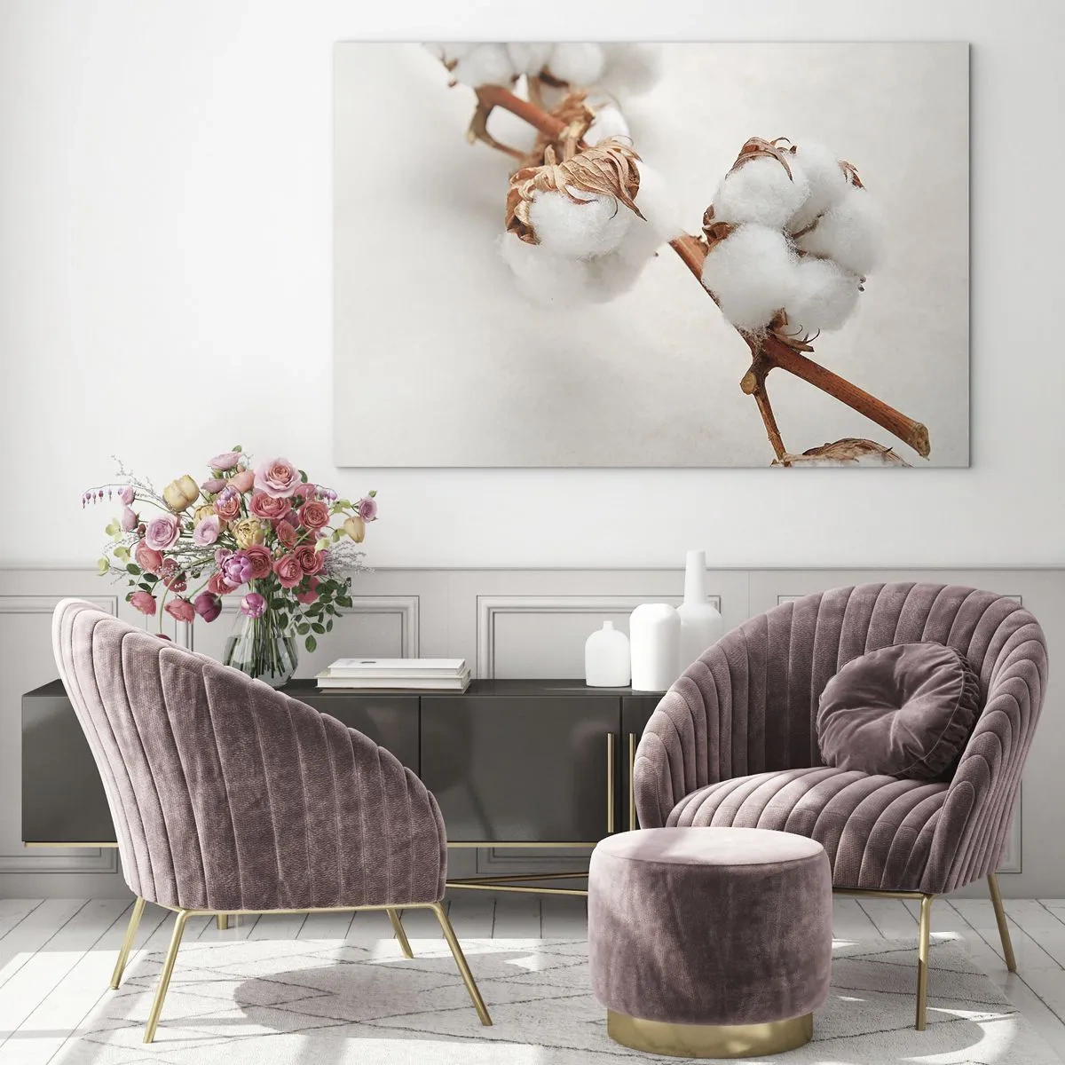 Üveg kép - Pamutág közeli képe világos háttér előtt - 70x50cm - Csak ölelkezni - Modern fali dekoráció nappalihoz és hálószobához ARTTOR