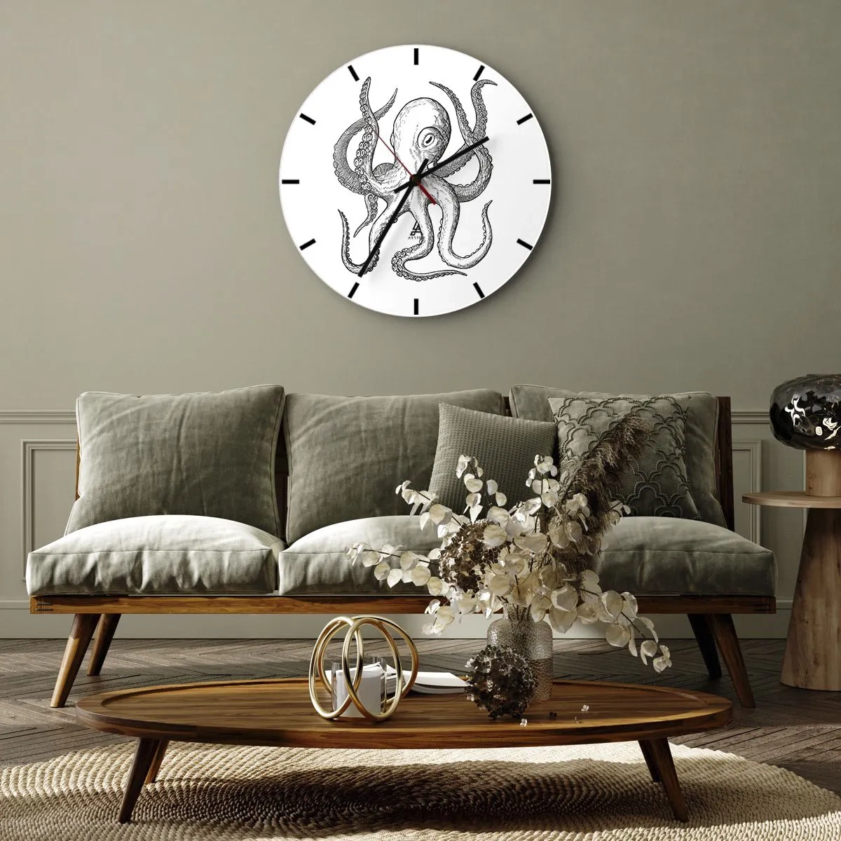 Falióra, Óra - Vintage stílusú polip illusztráció fehér háttérrel - 30x30cm - Hullámokkal táncoló - Modern fali dekoráció nappalihoz, konyhához és hálószobához ARTTOR