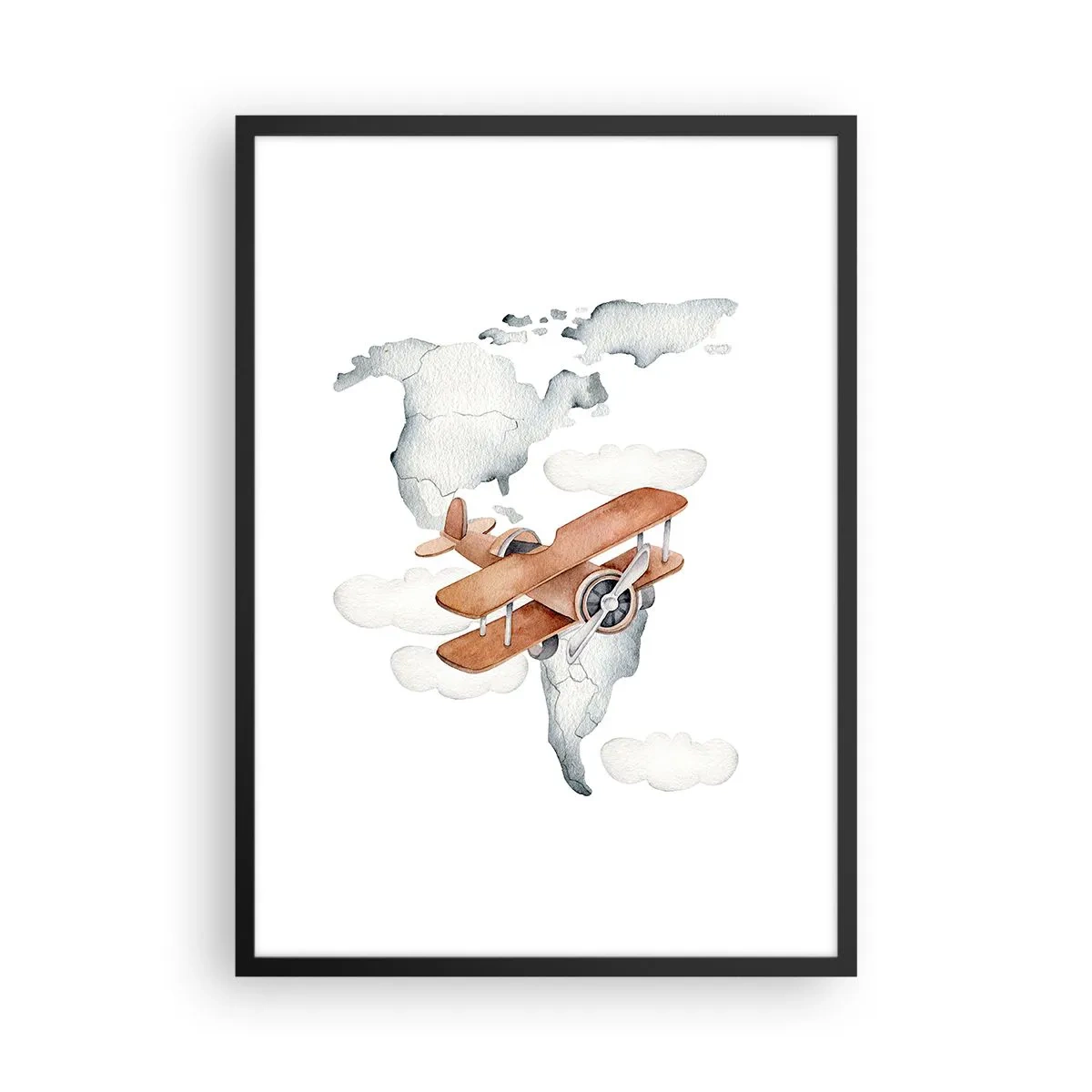 Poszter fehér keretben - Egy kétfedelű repülőgép egy világtérkép felett a felhőkben - 50x70cm - Úttörő szellemben - Modern fali dekoráció nappalihoz és hálószobához ARTTOR
