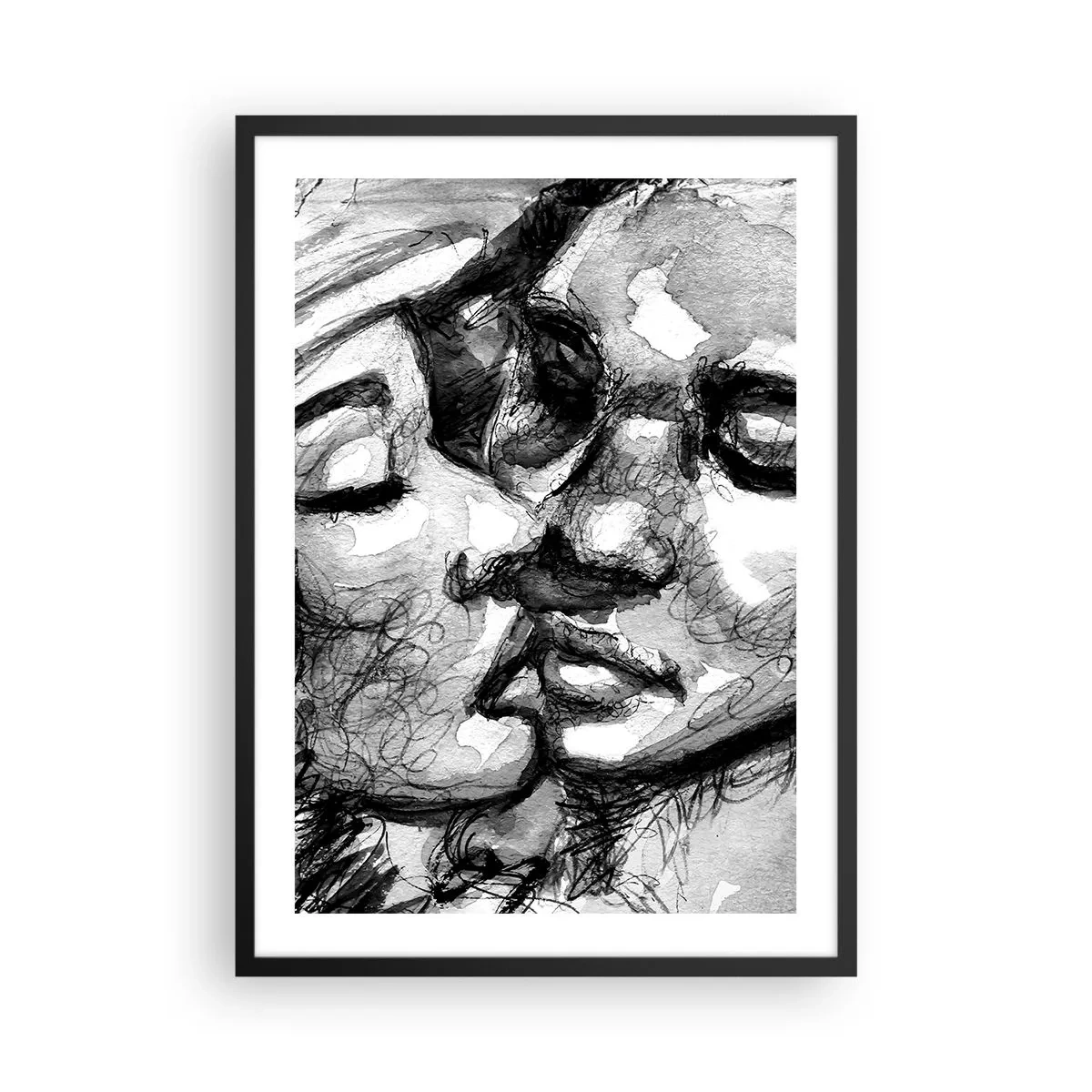 Poszter fehér keretben - Egy csók absztrakt fekete-fehér portréja - 50x70cm - Egy érzelmes pillanat - Modern fali dekoráció nappalihoz és hálószobához ARTTOR