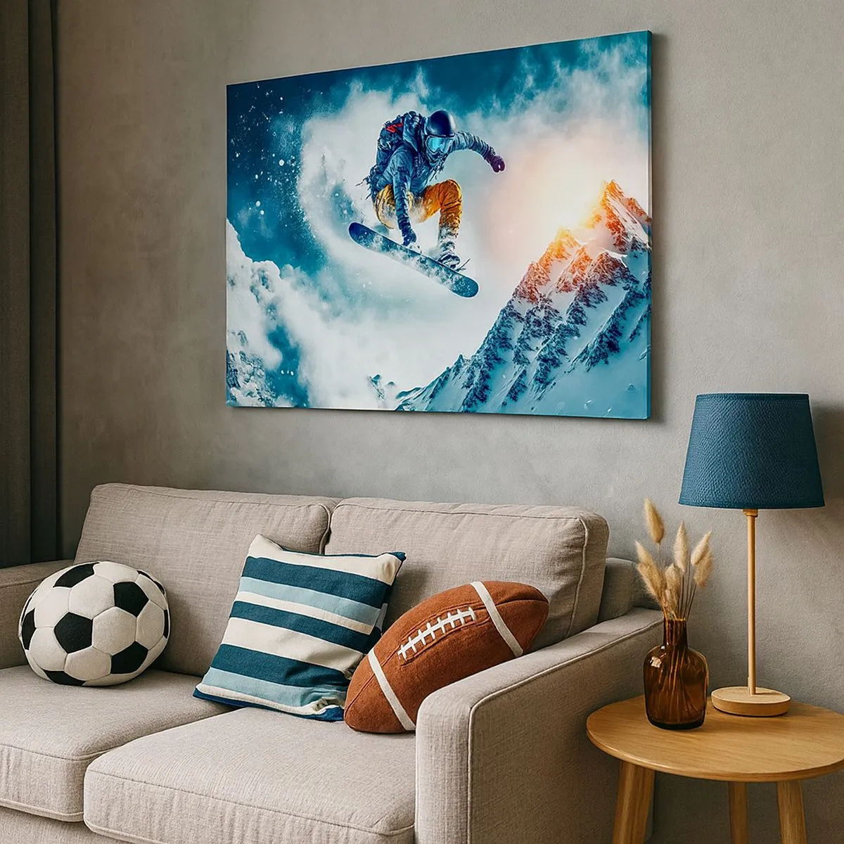 Vászonkép - Egy snowboardos repül a hófödte hegyek felett - 70x50cm - Extrém érzelmek - Modern fali dekoráció nappalihoz és hálószobához ARTTOR