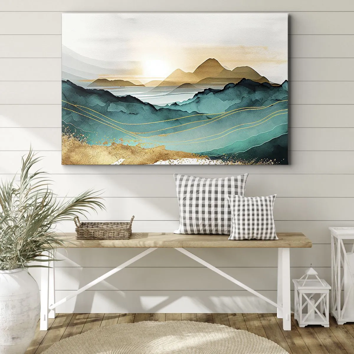 Vászonkép - Absztrakt táj hegyekkel és arany díszítésekkel - 70x50cm - Az absztrakció határán - tájkép - Modern fali dekoráció nappalihoz és hálószobához ARTTOR