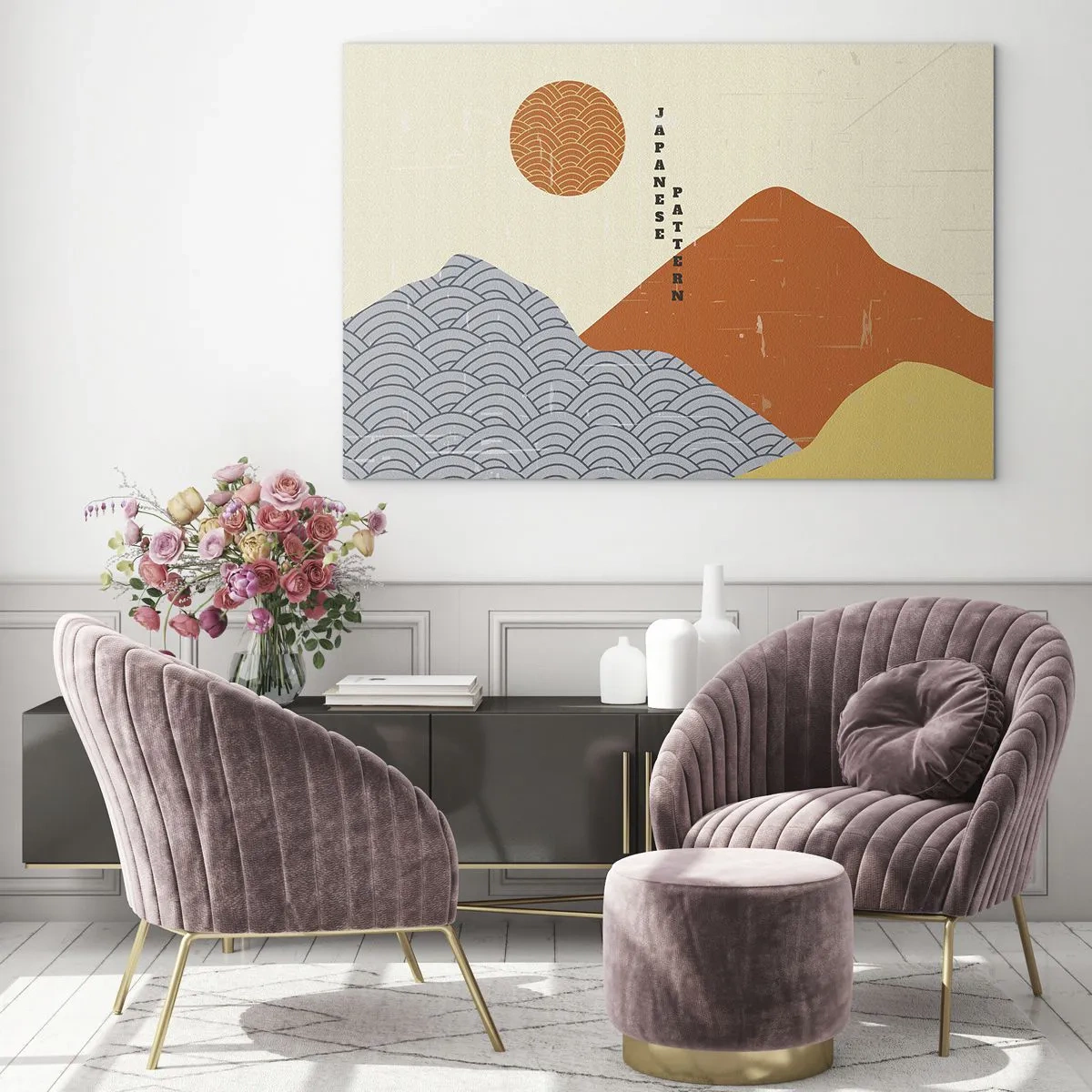 Üveg kép - Japán hegyi és napmintás grafika - 70x50cm - A japán szellemben - Modern fali dekoráció nappalihoz és hálószobához ARTTOR