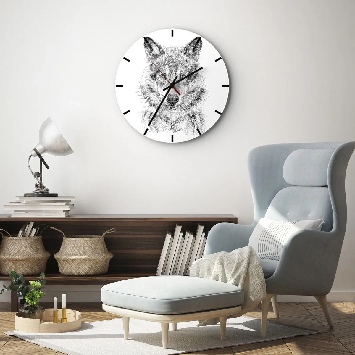 Falióra, Óra - Fekete-fehér vázlat egy farkas fejéről fehér alapon - 30x30cm - Született vezető - Modern fali dekoráció nappalihoz, konyhához és hálószobához ARTTOR