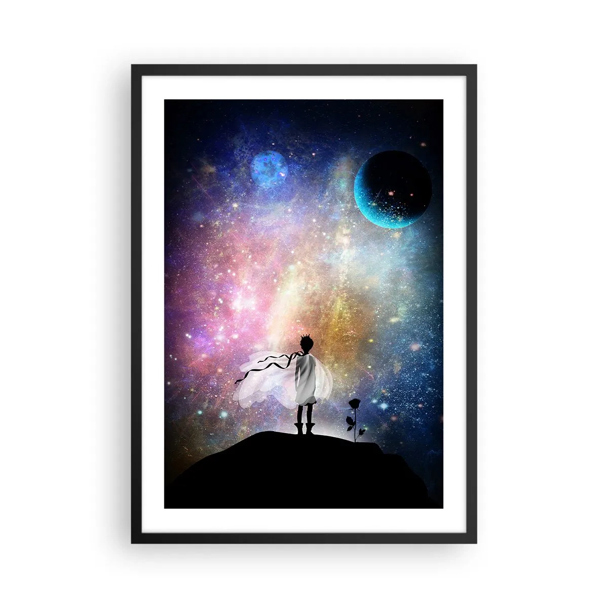 Poszter fehér keretben - Egy fantasztikus űrjelenet egy szereplő sziluettjével és egy rózsával - 50x70cm - Kis herceg - Modern fali dekoráció nappalihoz és hálószobához ARTTOR