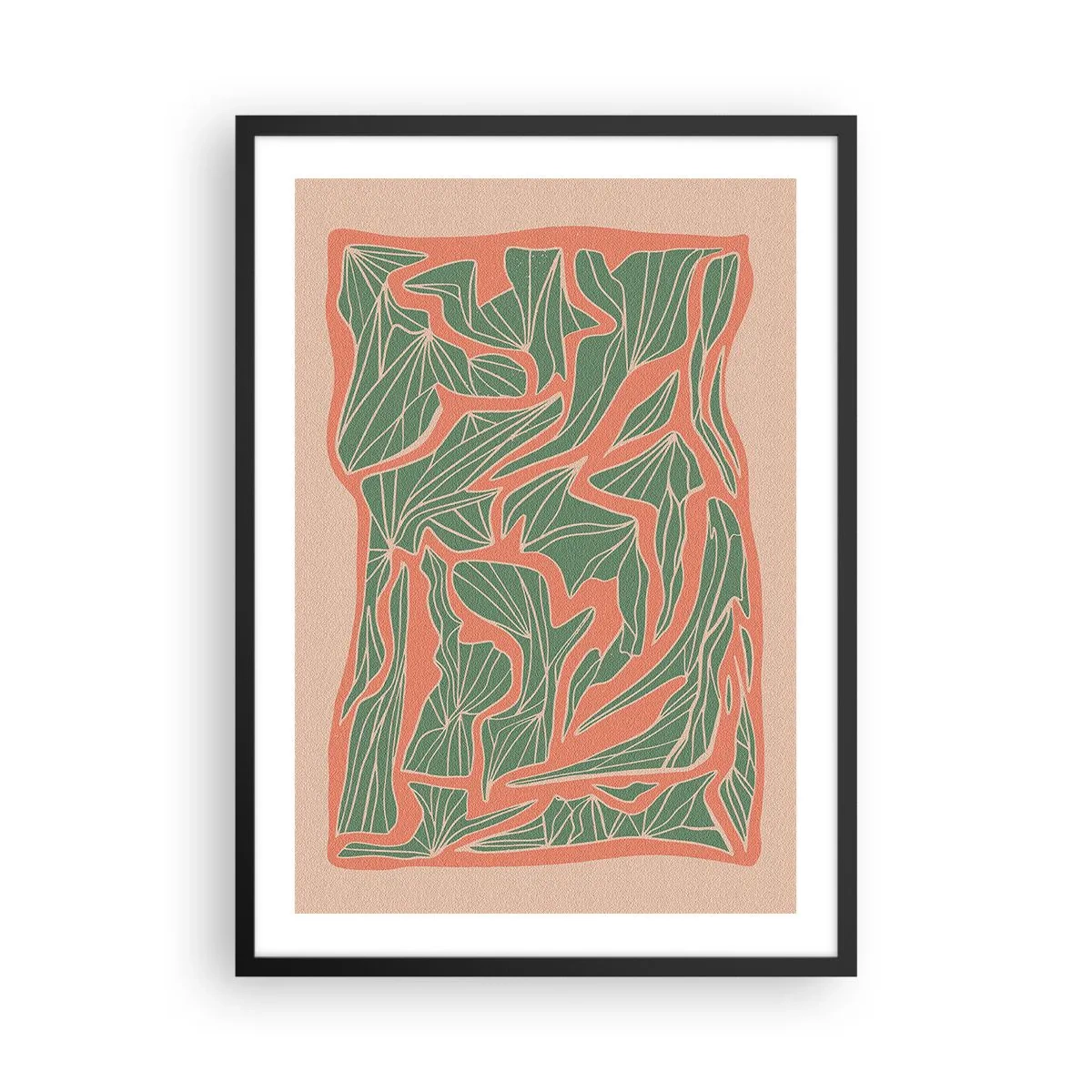 Poszter fehér keretben - Absztrakt levélminta zöld és terrakotta árnyalatokban - 50x70cm - A korall és a zöld közötti küzdelem - Modern fali dekoráció nappalihoz és hálószobához ARTTOR
