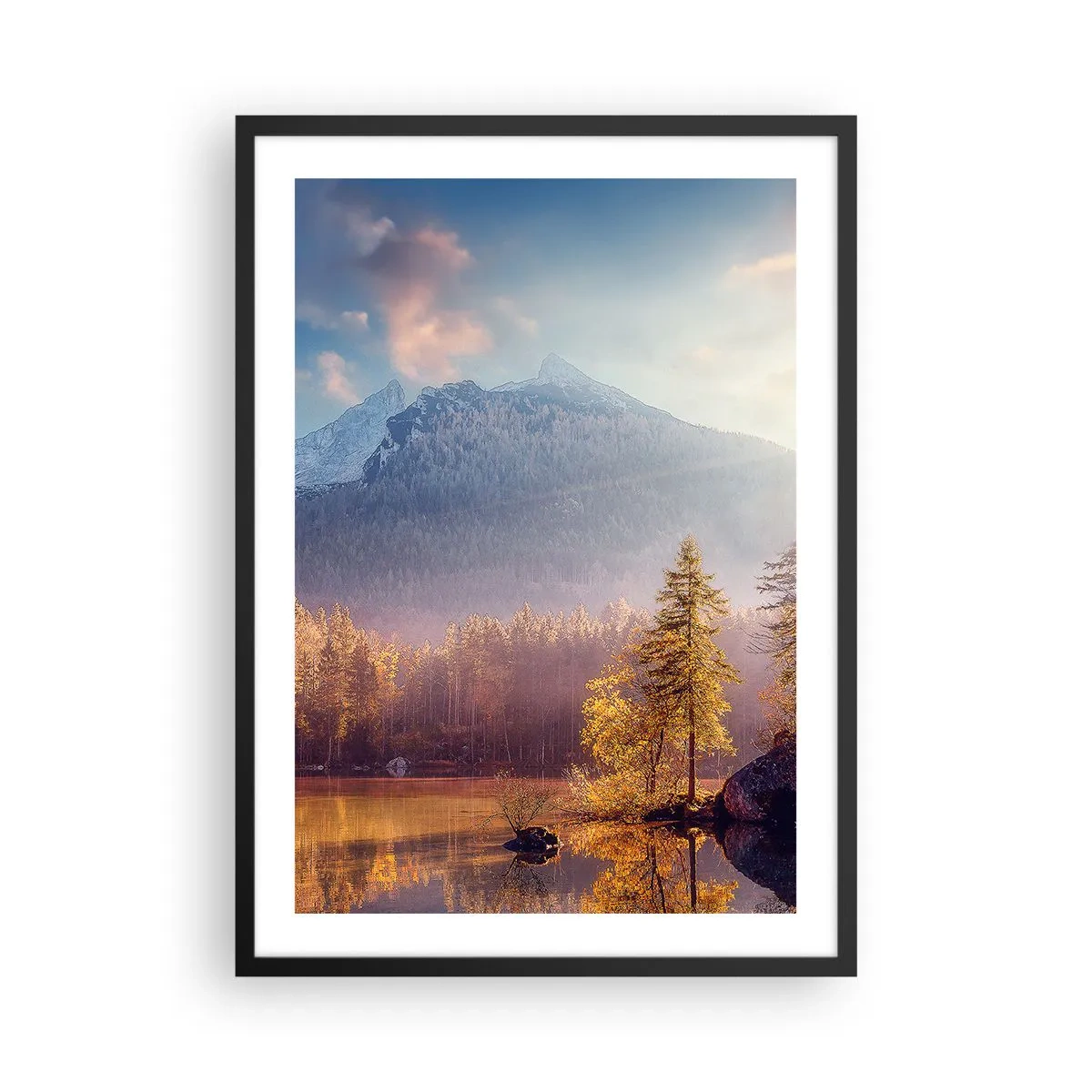 Poszter fehér keretben - Őszi hegyi táj tükörképével a tóban - 50x70cm - A hegyekben és völgyekben - Modern fali dekoráció nappalihoz és hálószobához ARTTOR