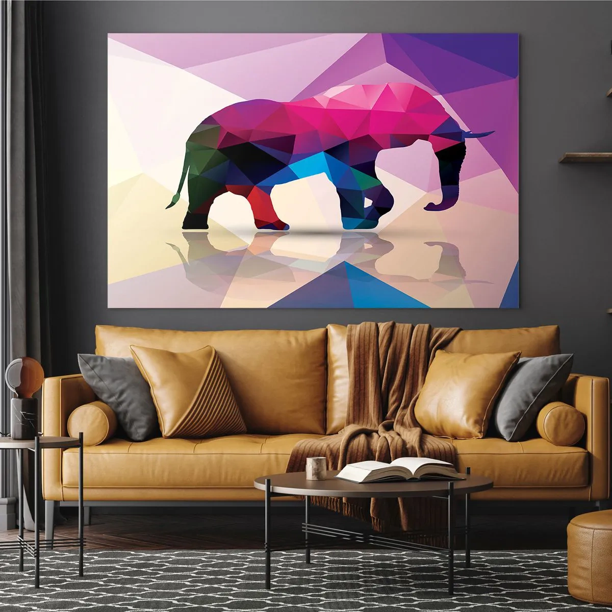 Üveg kép - Geometrikus elefánt élénk színes absztrakcióban - 70x50cm - Kristály dinoszaurusz - Modern fali dekoráció nappalihoz és hálószobához ARTTOR