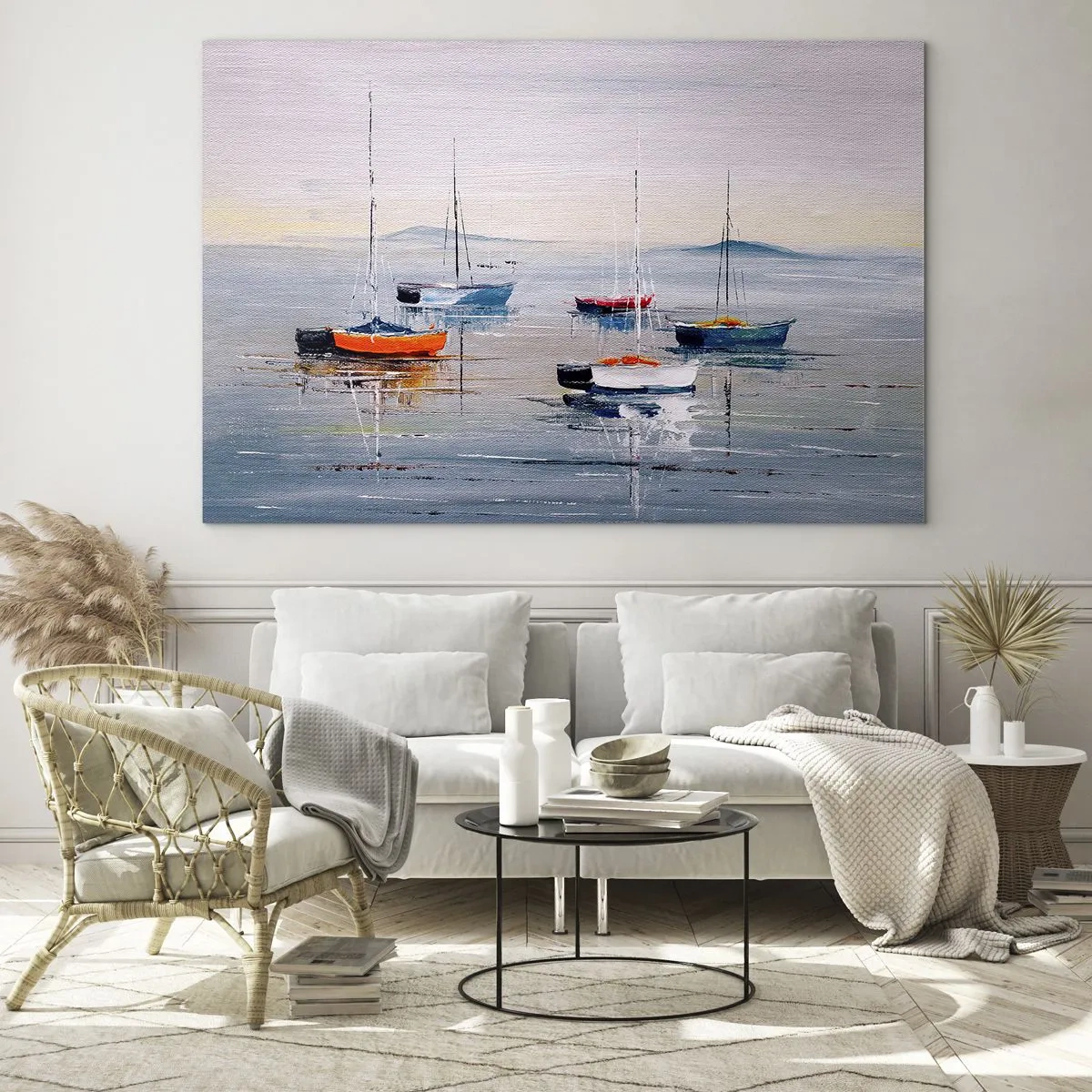 Üveg kép - Színes hajók sodródnak a nyugodt vízen naplementekor - 70x50cm - Jól megérdemelt pihenés - Modern fali dekoráció nappalihoz és hálószobához ARTTOR