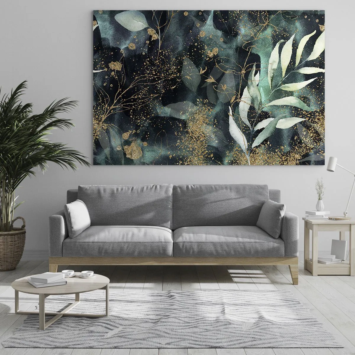 Üveg kép - Arany és zöld levelek sötét háttér előtt - 70x50cm - Elvarázsolt kert - Modern fali dekoráció nappalihoz és hálószobához ARTTOR