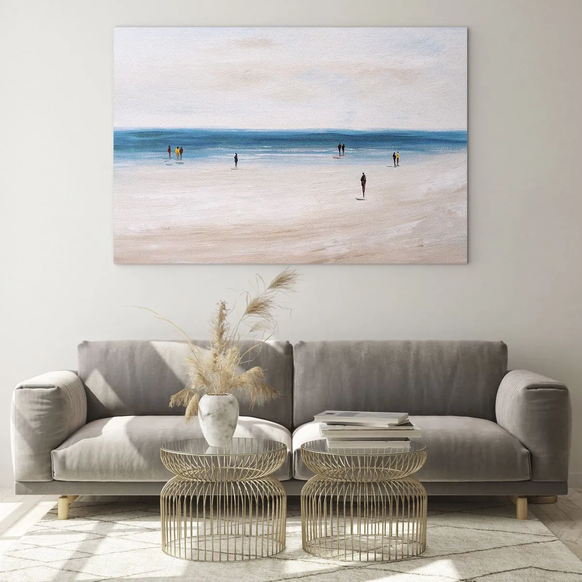 Üveg kép - Egy csendes strand, ahol az emberek sziluettjei sétálnak a tengerparton - 70x50cm - Természetes igény - Modern fali dekoráció nappalihoz és hálószobához ARTTOR
