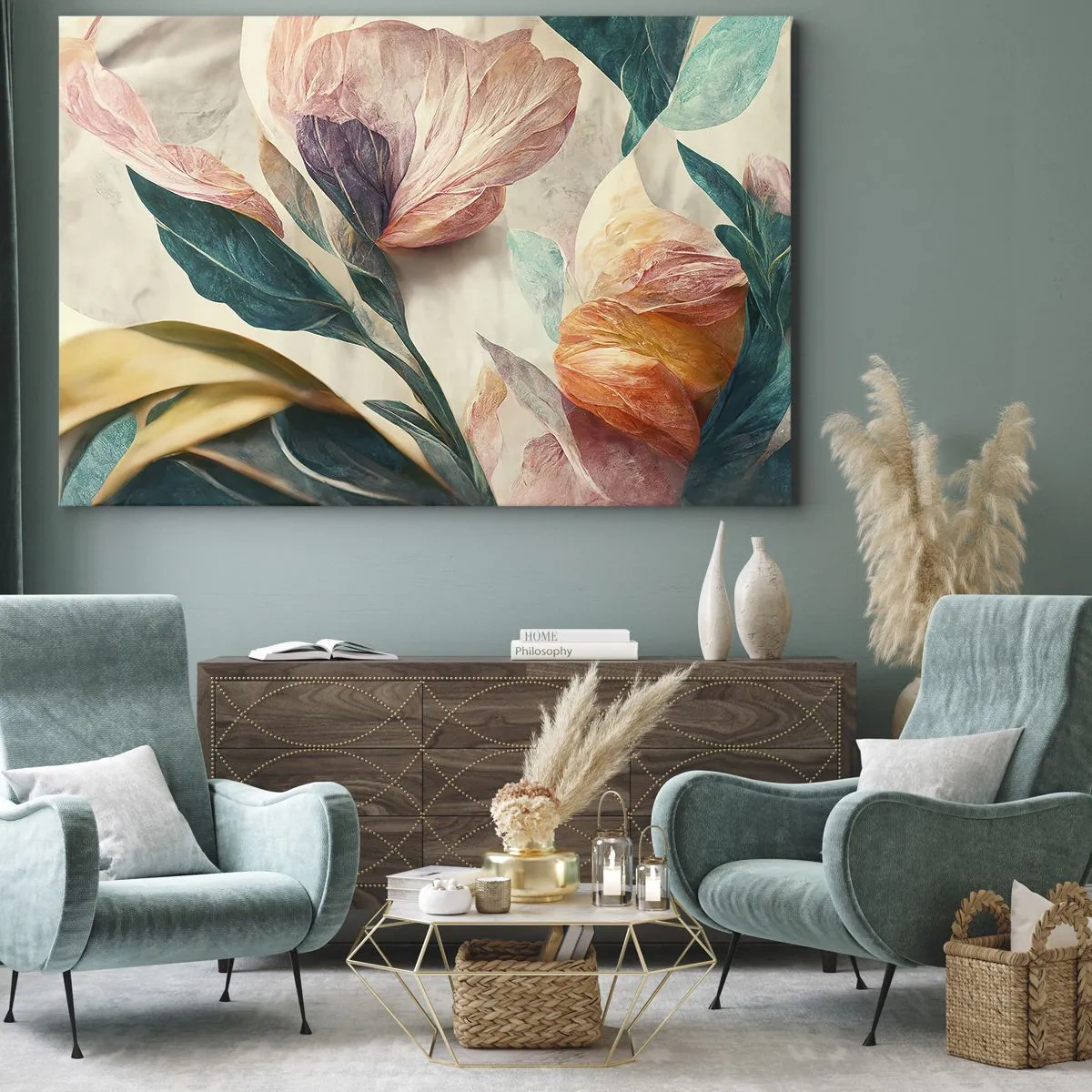 Vászonkép - Színes trópusi stílusú virágok világos háttér előtt - 70x50cm - A déli szigetek virágai - Modern fali dekoráció nappalihoz és hálószobához ARTTOR
