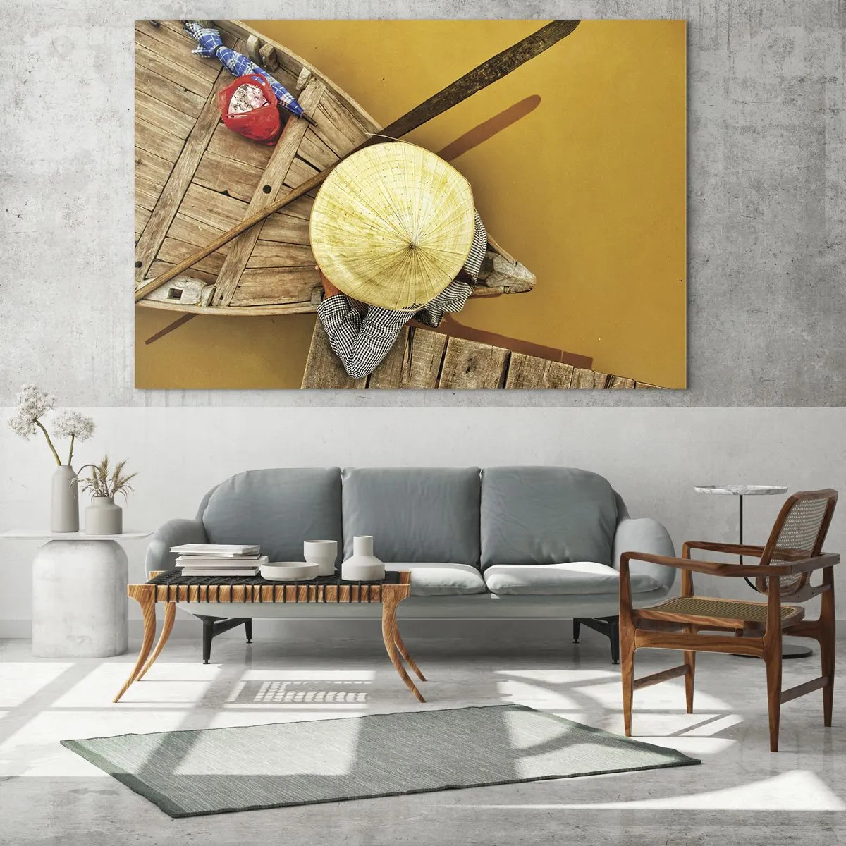 Üveg kép - Felülnézetből egy hajó és egy kúpos kalapot viselő személy - 70x50cm - Élet a Sárga-folyón - Modern fali dekoráció nappalihoz és hálószobához ARTTOR