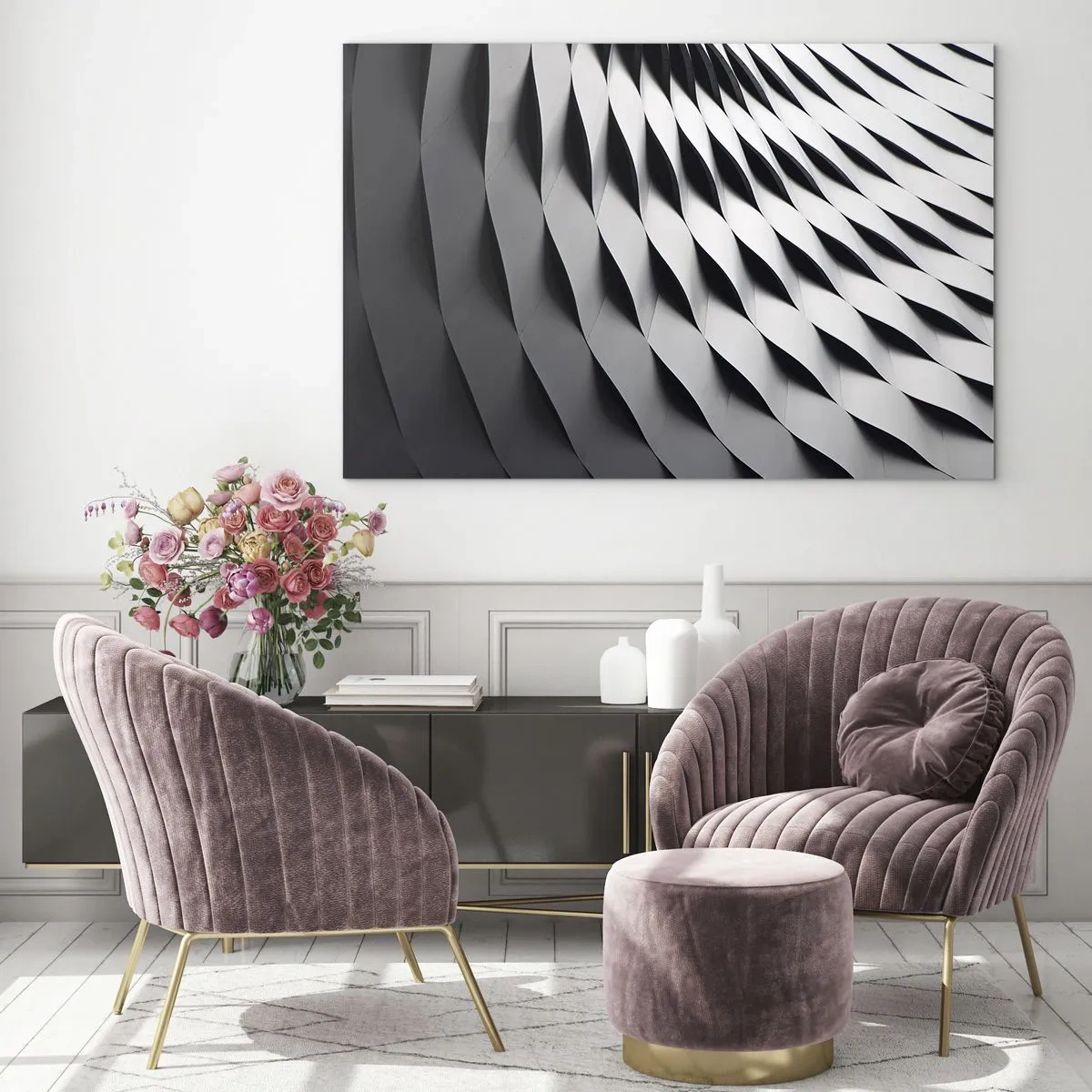Üveg kép - Egy absztrakt fekete-fehér struktúra, amely hullámos formákra hasonlít. - 70x50cm - A hullámok felszínén - Modern fali dekoráció nappalihoz és hálószobához ARTTOR