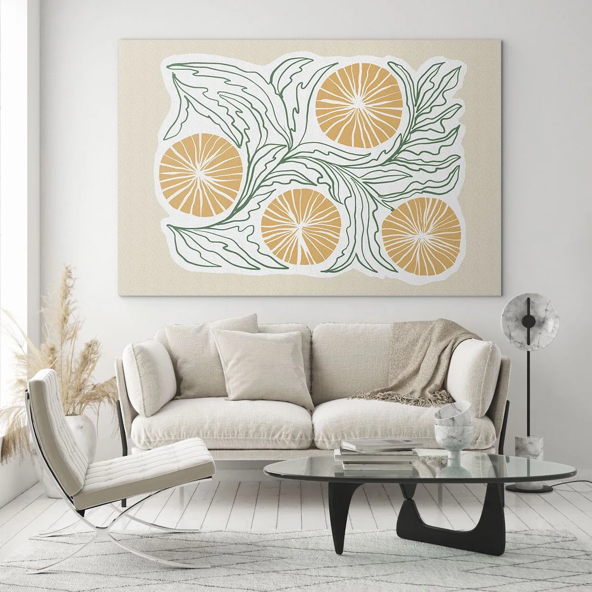 Üveg kép - Narancssárga gyümölcsök és zöld levelek grafikus kompozícióban - 70x50cm - Etnikus egy csipet absztrakcióval - Modern fali dekoráció nappalihoz és hálószobához ARTTOR