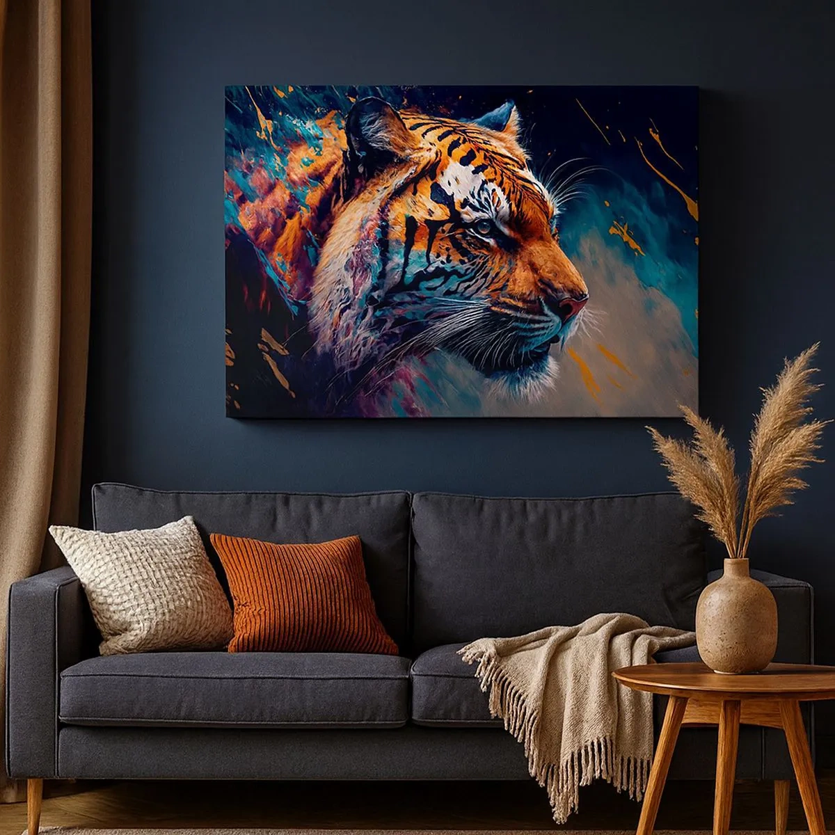 Vászonkép - Tigris portréja dinamikus, absztrakt színekben - 70x50cm - Vad szépség - Modern fali dekoráció nappalihoz és hálószobához ARTTOR