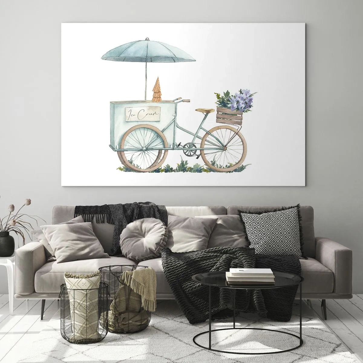 Üveg kép - Egy bicikli fagylalttal és pasztellvirágokkal - 70x50cm - A nyár édes emléke - Modern fali dekoráció nappalihoz és hálószobához ARTTOR