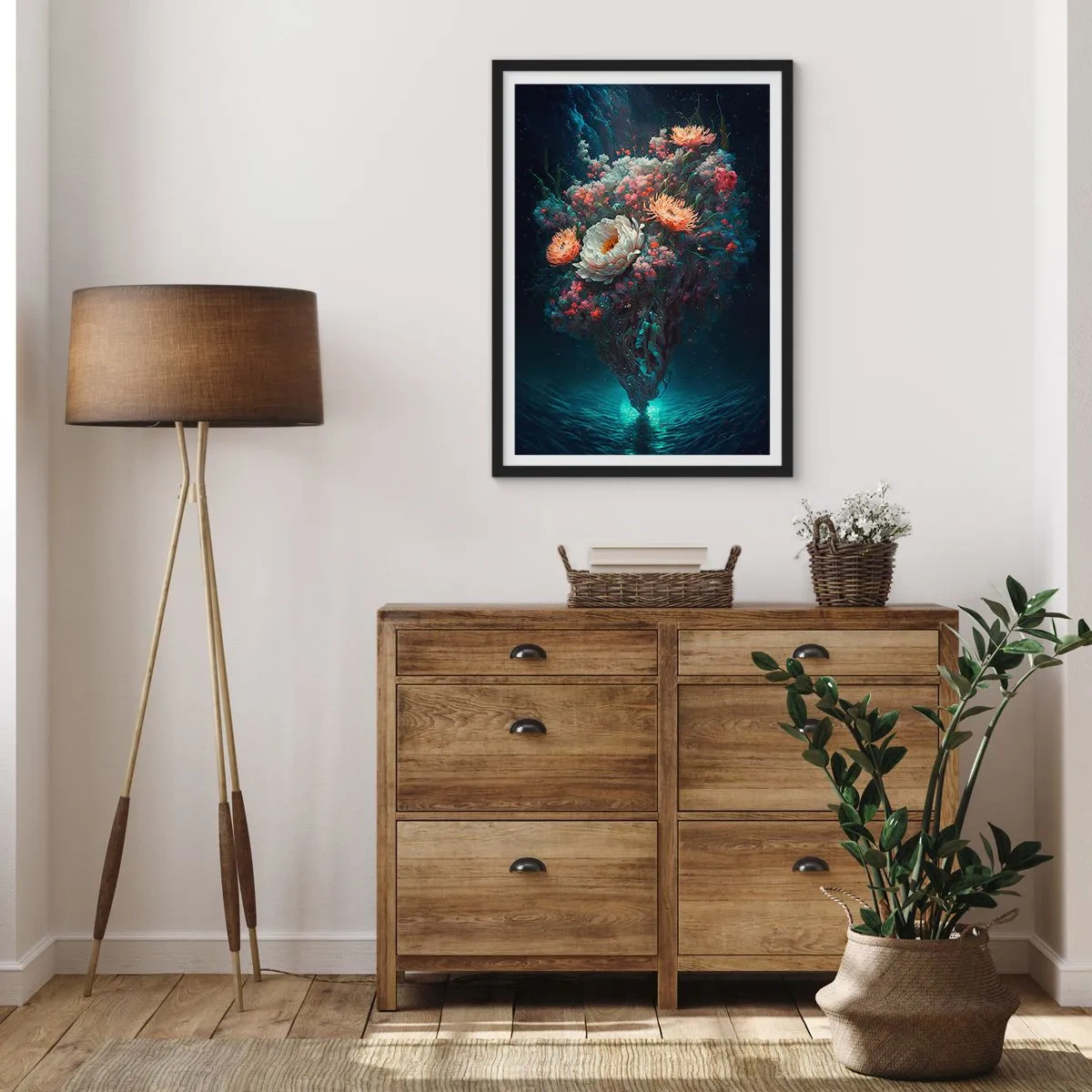 Poszter fehér keretben - Egy varázslatos virágkompozíció lebeg a víz felett - 50x70cm - Furcsa kert - Modern fali dekoráció nappalihoz és hálószobához ARTTOR